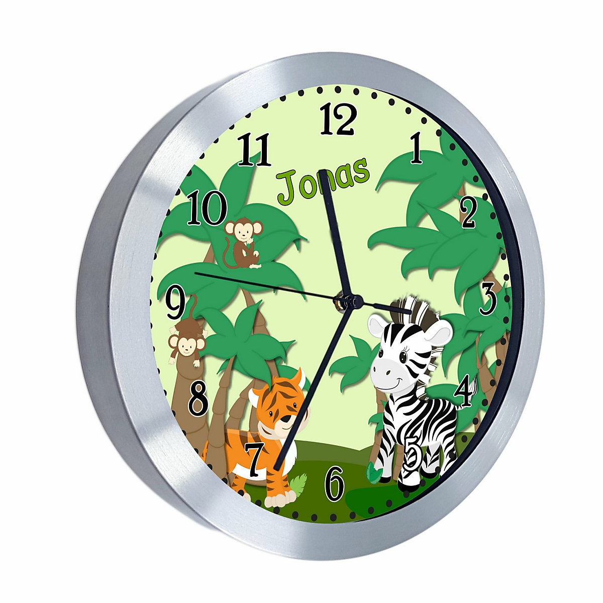 Funkuhr / Wanduhr mit Namen personalisiert Safari-Zebra Atom-/Funkuhr