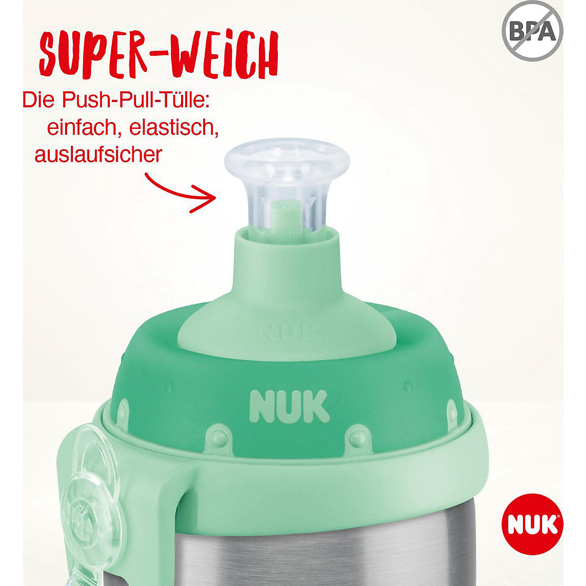 NUK Junior Cup Edelstahl, Flaschenkörper aus hochwertigem Edelstahl, mit Push-Pull-Tülle, 215ml, ab 18 Monaten, auslaufsicher, mit Clip, 1 Stück, grün