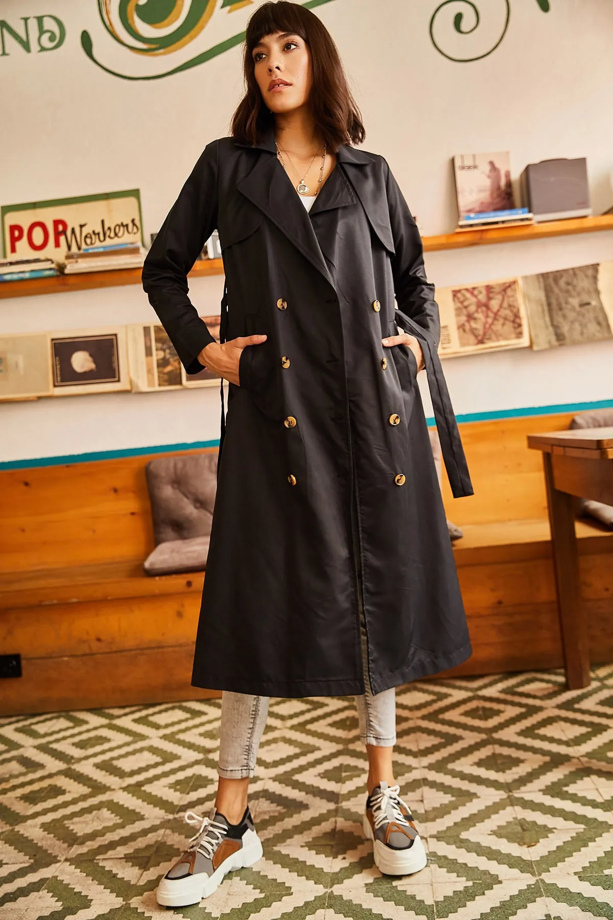 Olalook  Trenchcoat - Schwarz - Zweireihig