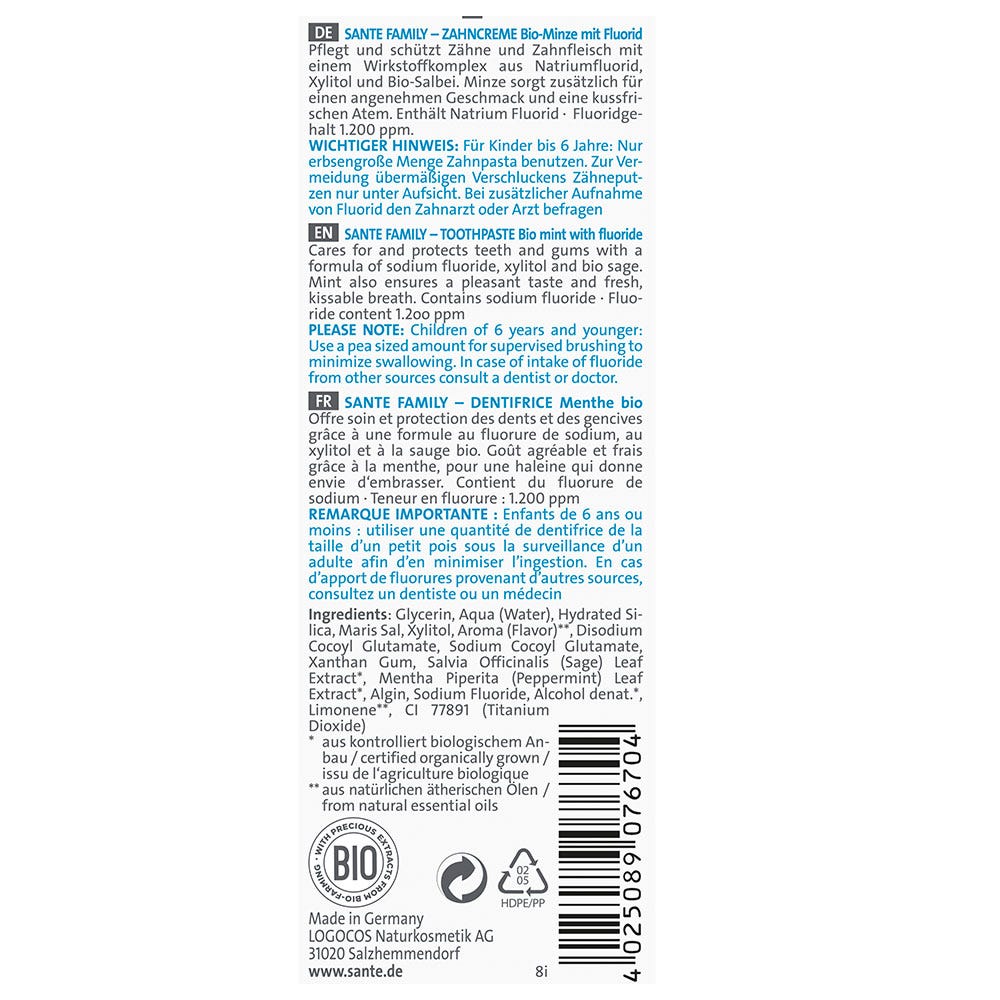 SANTE Family Zahncreme Bio-Minze mit Fluorid 75 ml