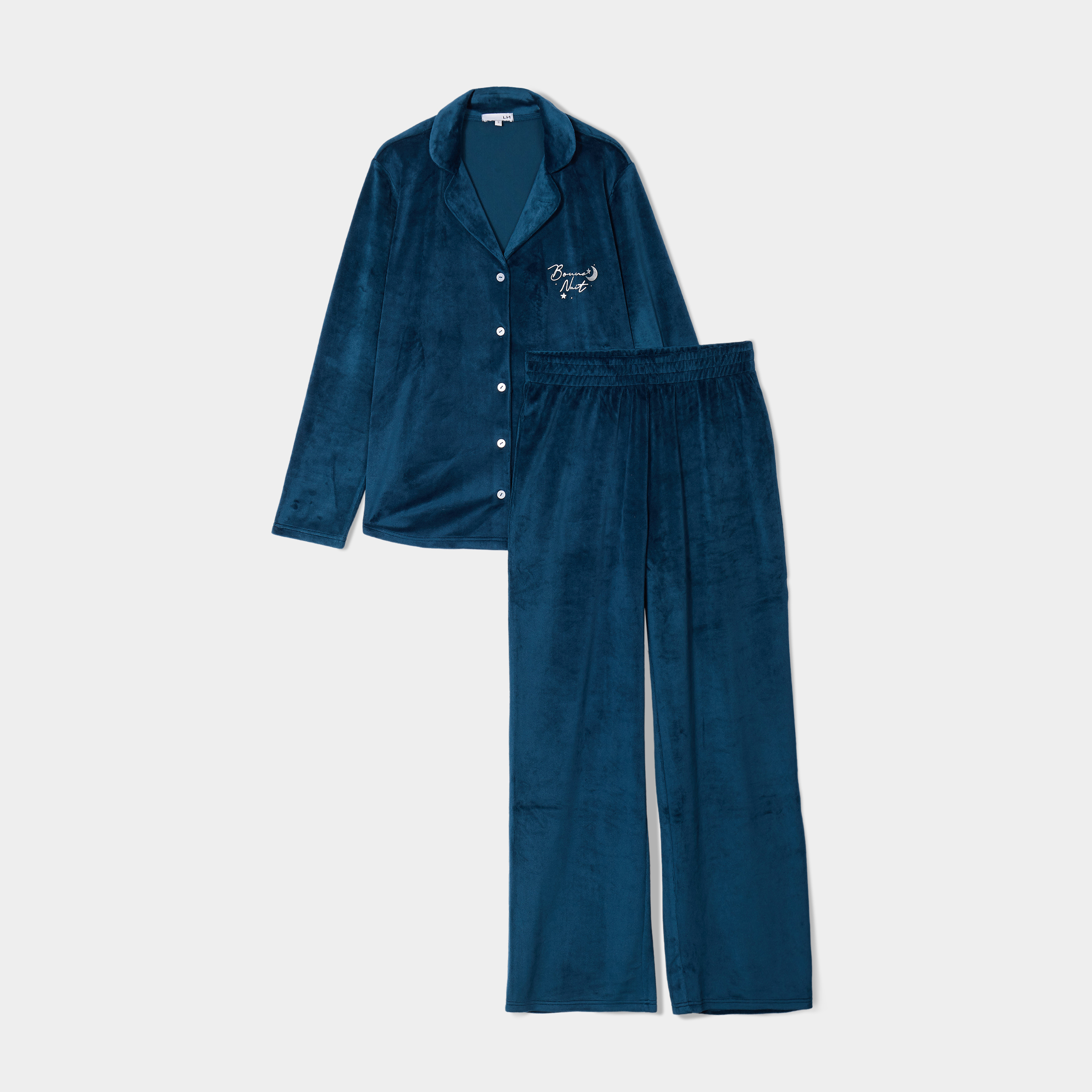 Ensemble pyjama chemise pantalon velours bleu canard femme | La Halle