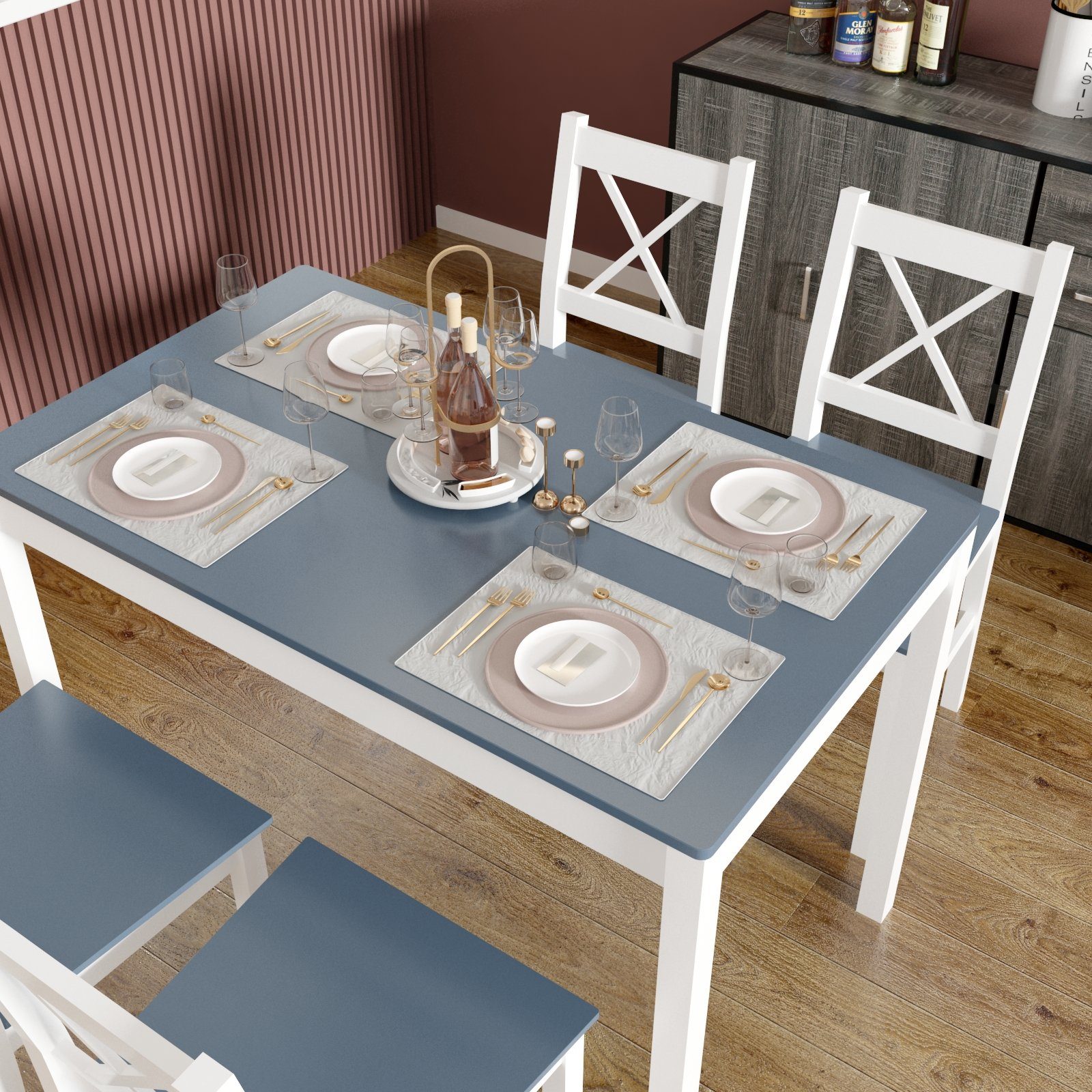 Mondeer Essgruppe (Set, 3-tlg), 4 Stühle und 1 Tisch, Marineblau