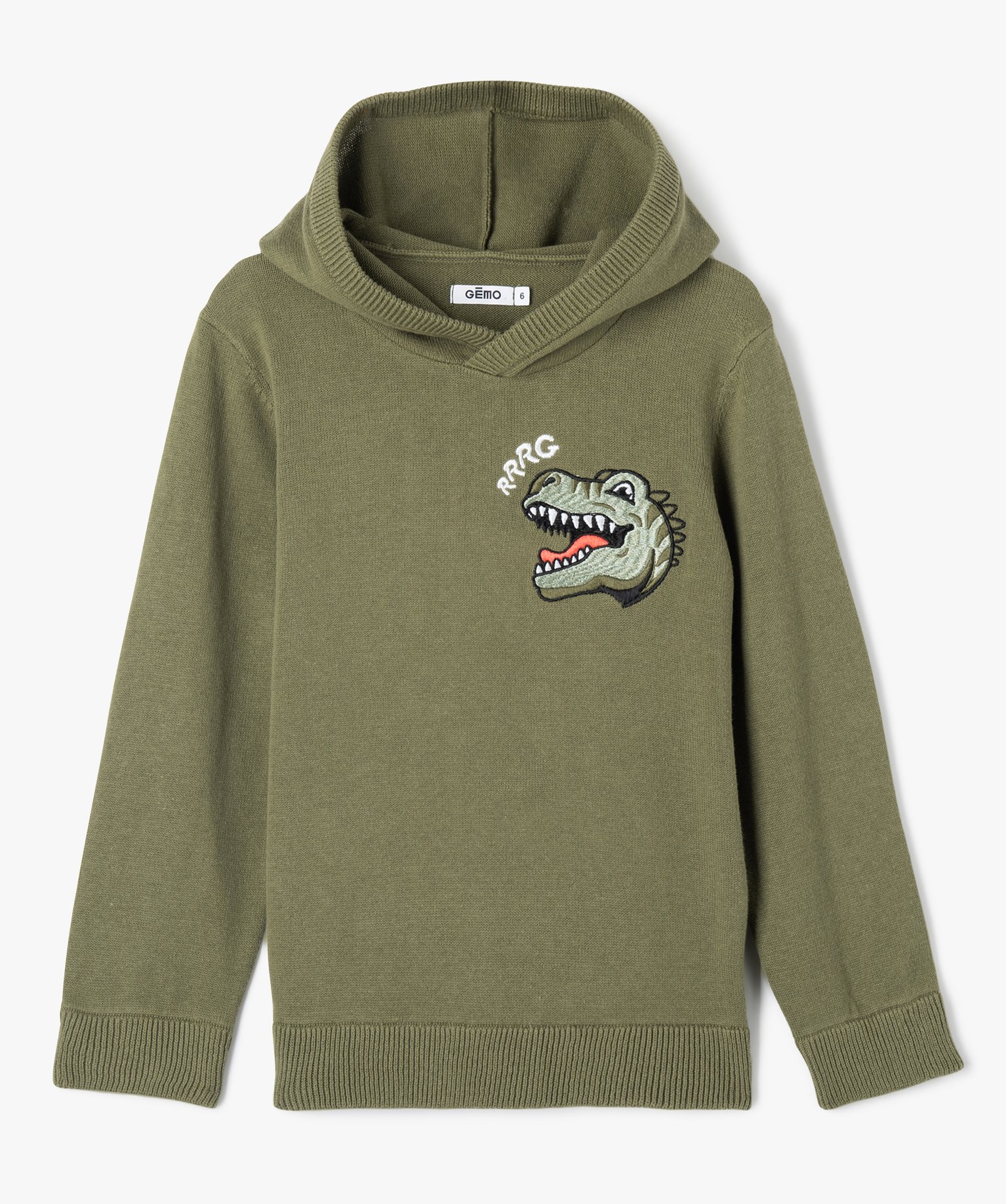 Pull en coton à capuche avec broderie poitrine Garçon kaki | GEMO