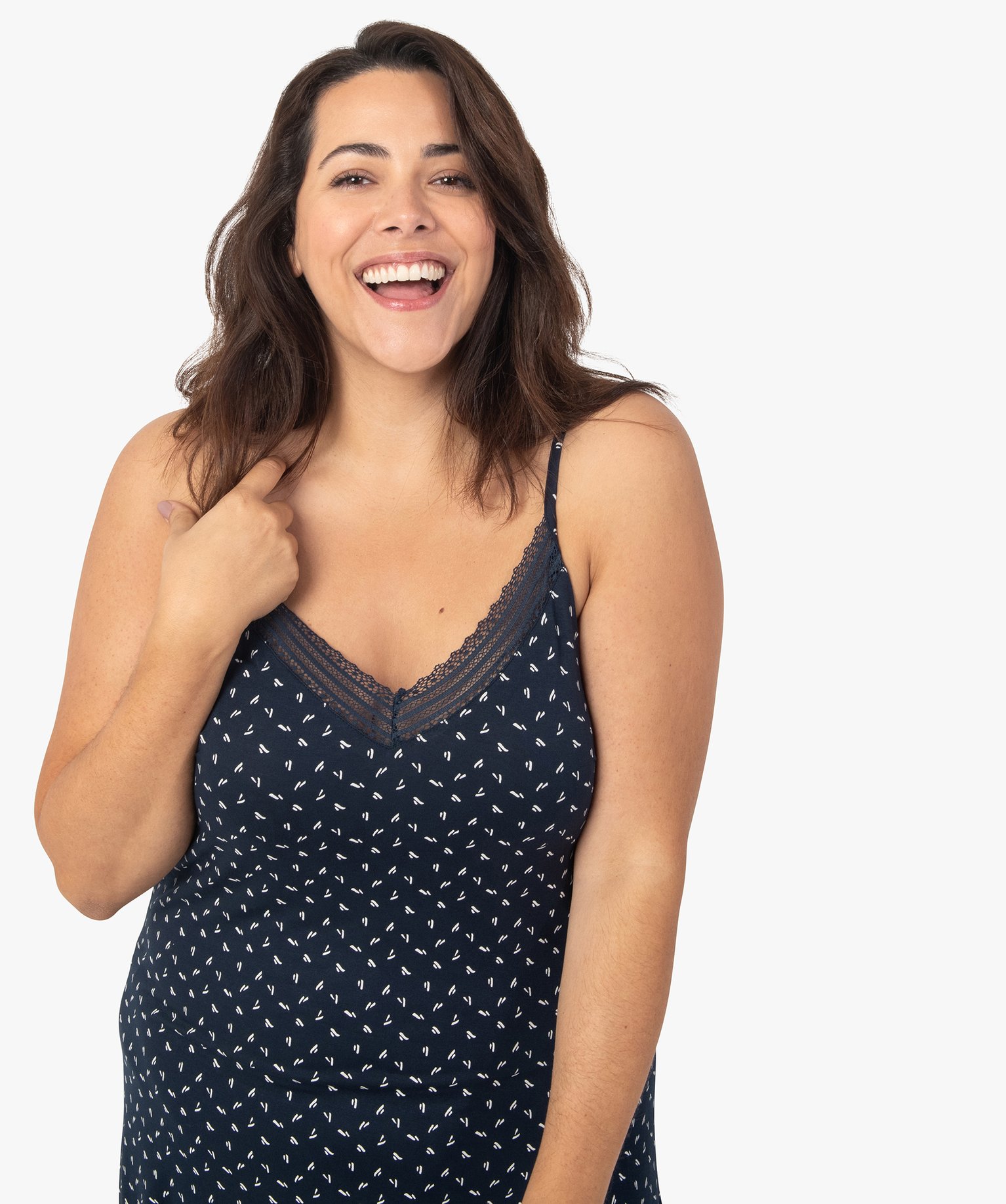 Nuisette femme grande taille à bretelles et col V dentelle imprime | GEMO