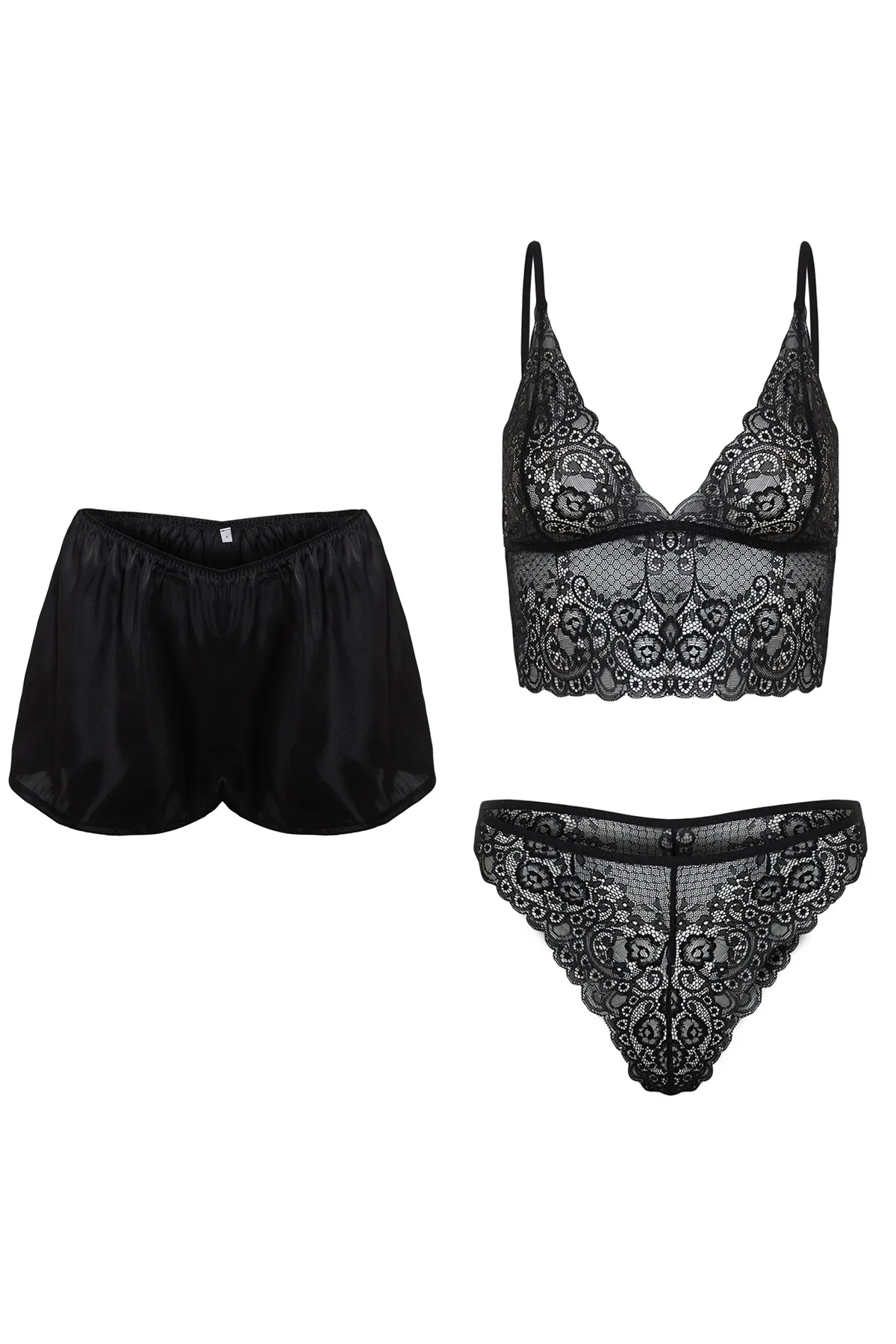 Trendyol Collection  Schwarzes 3-teiliges Spitzen-Unterwäscheset mit String-Trägern und Shorts THMSS24CC00031