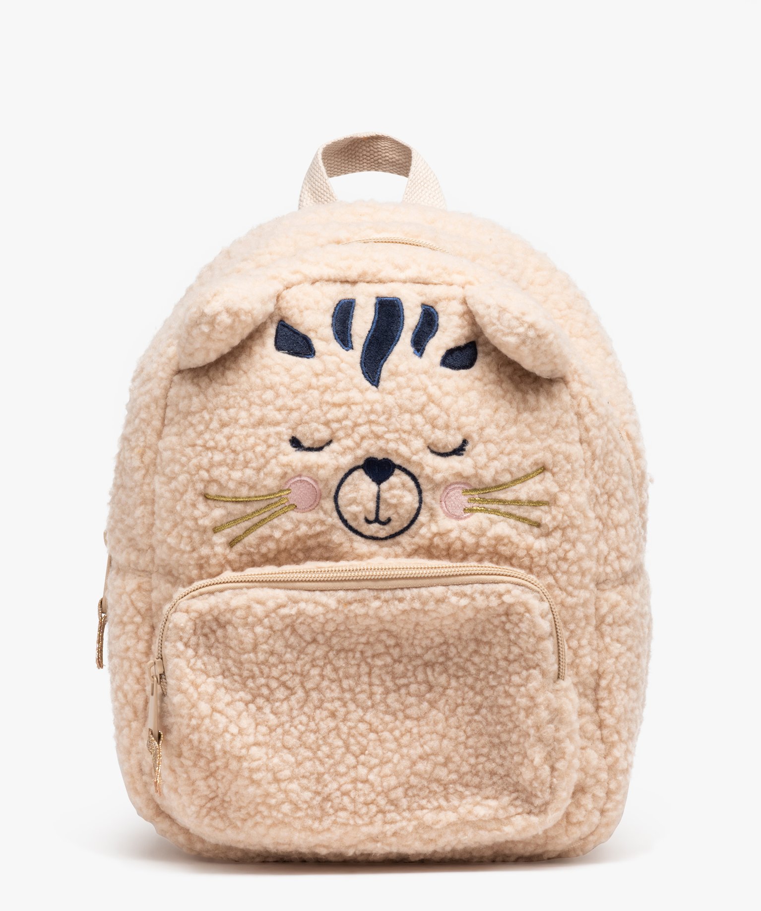 Sac à dos en maille sherpa avec broderie chat fille beige | GEMO