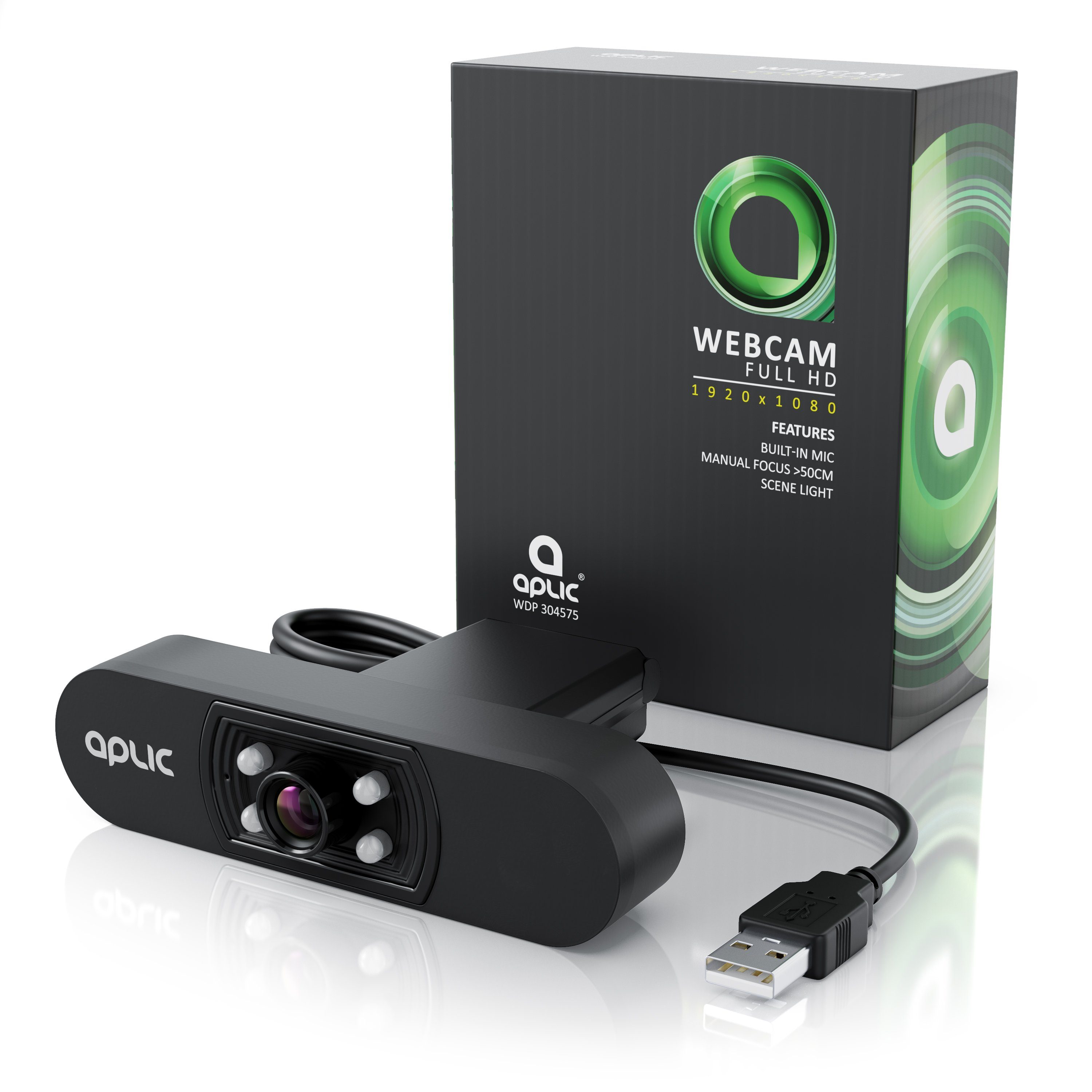 Aplic Full HD-Webcam (Full HD, 1920x1080P @ 25 Hz, 4 Hilfslichter / Szenelicht, 5P Linse, Mikrofon)