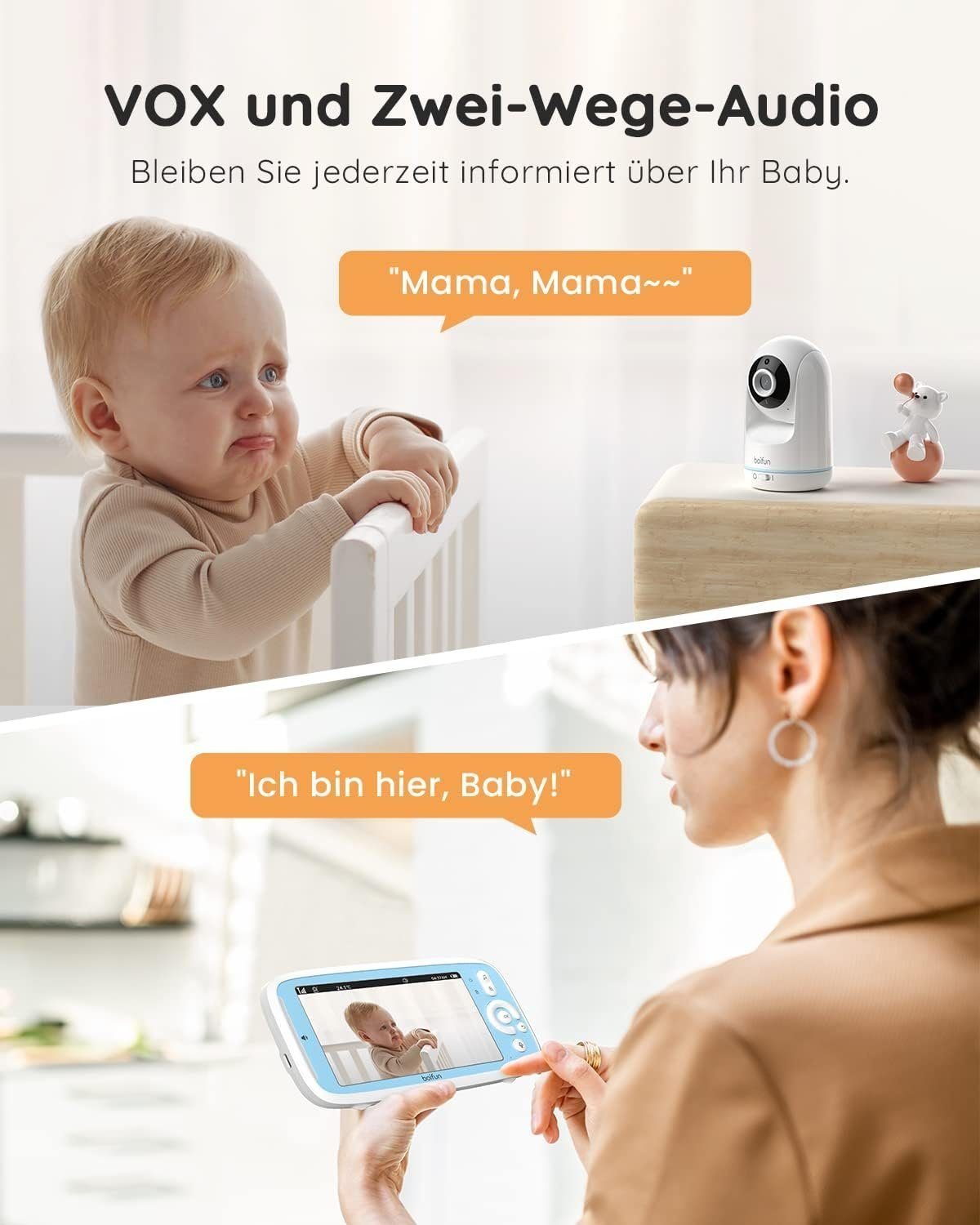 Boifun Babyphone 5'' 720P IPS Bildschirm intelligenter Kamera Babymonitor mit SD Karte, HD PTZ 330°/135°, 3×Zoom, VOX Funktion, Zwei-Wege-Audio Babyphone, Fütterungserinnerung,Lautstärke-LED,Kabellos Drehbare Kamera, 3050mAh Akku,Nachtsicht, Temperat