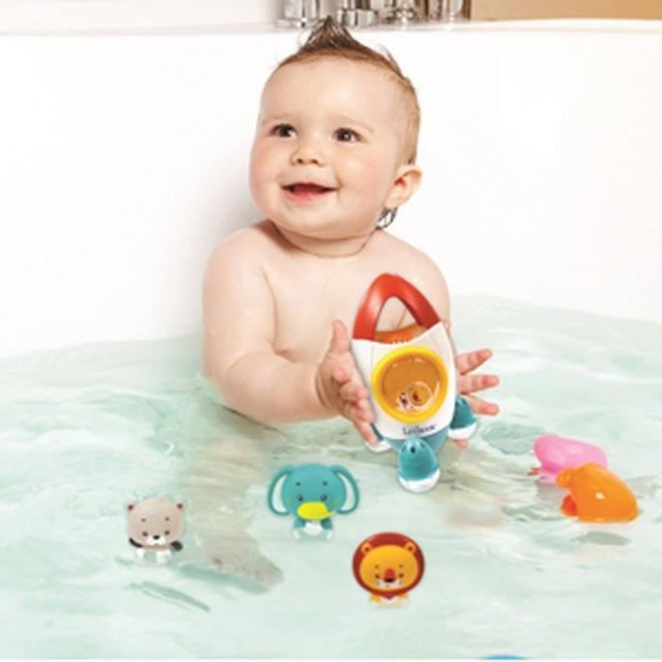 Set de jeu de bain fusée avec 3 animaux souples vert