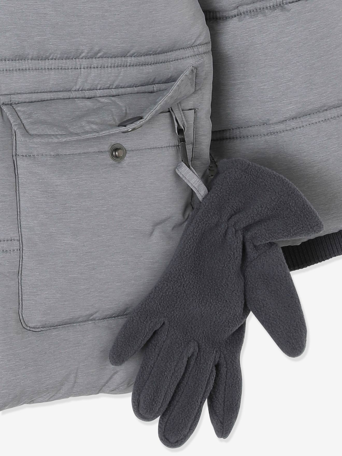 Doudoune longue à capuche garçon et ses moufles/ gants assortis bleu