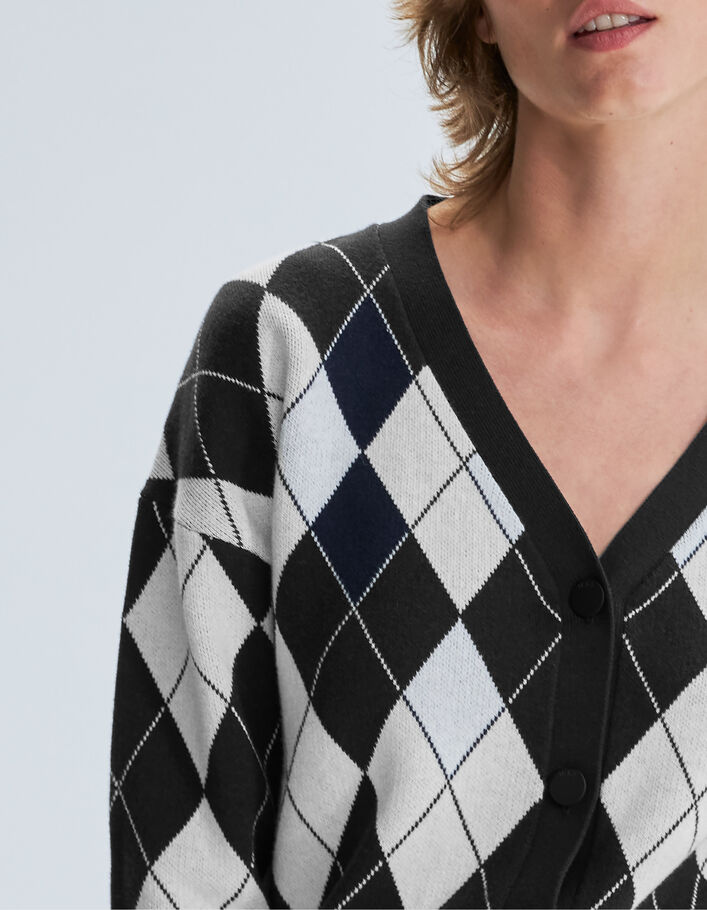 Cardigan gris et écru tricot motif Argyle Femme