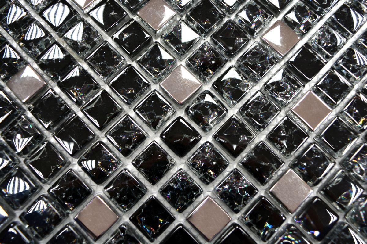 Mosani Mosaikfliesen Glasmosaik Crystal Mosaikfliesen schwarz silber glänzend / 10 Matten