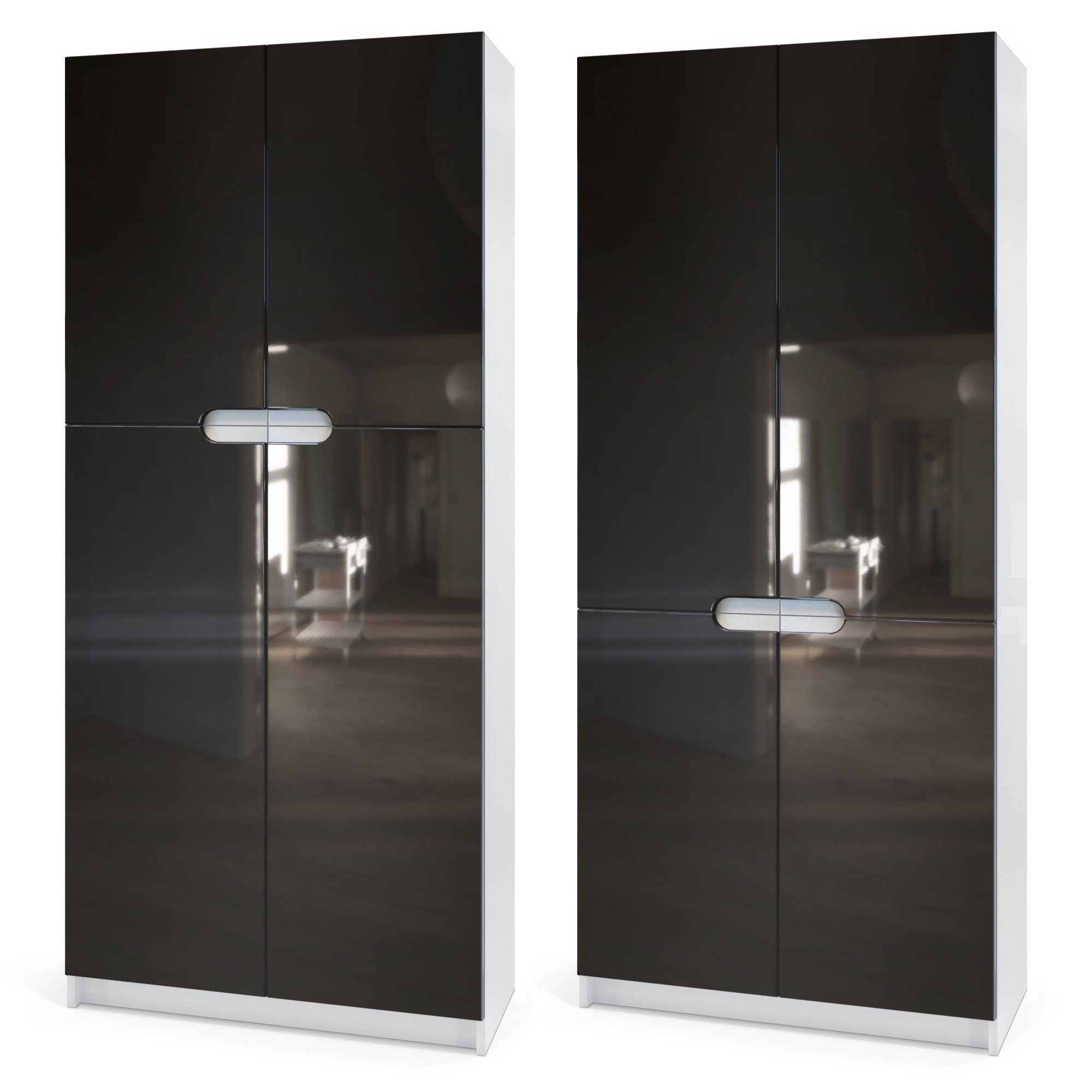 Vladon Aktenschrank Logan (Aktenschrank, mit 5 Fächern und 4 Türen) Schwarz matt/Schwarz Hochglanz (82 x 185 x 37 cm)