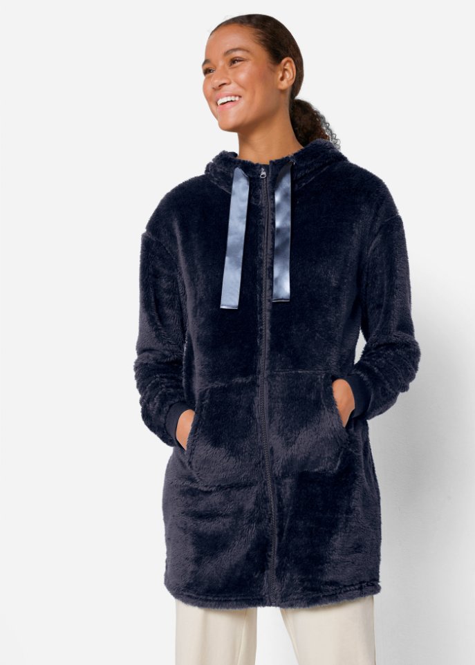 Kuschel-Long-Fleecejacke mit Kapuze