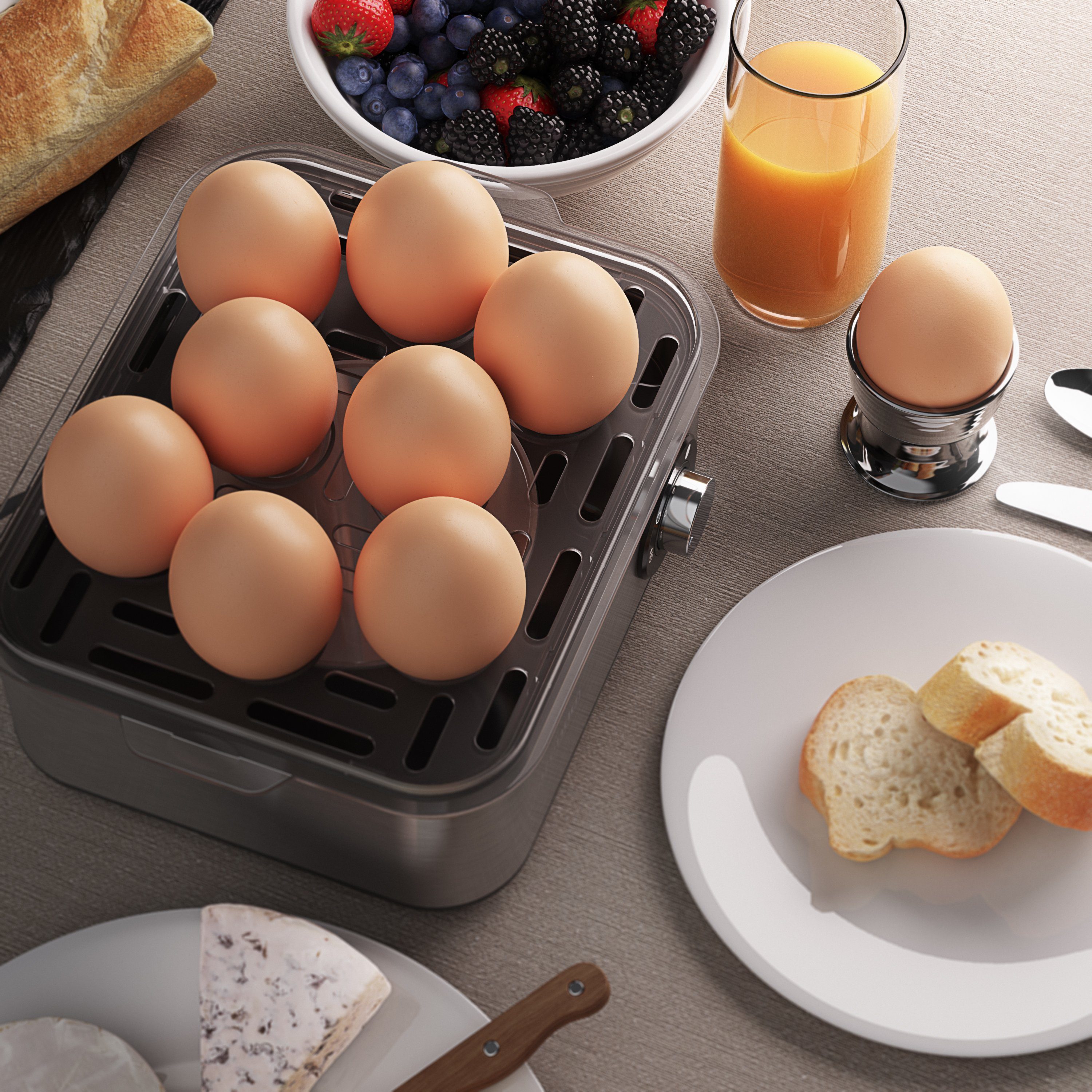 Arendo Frühstücks-Set (2-tlg), 4-Scheiben Langschlitz Toaster, 8er Eierkocher, Silber