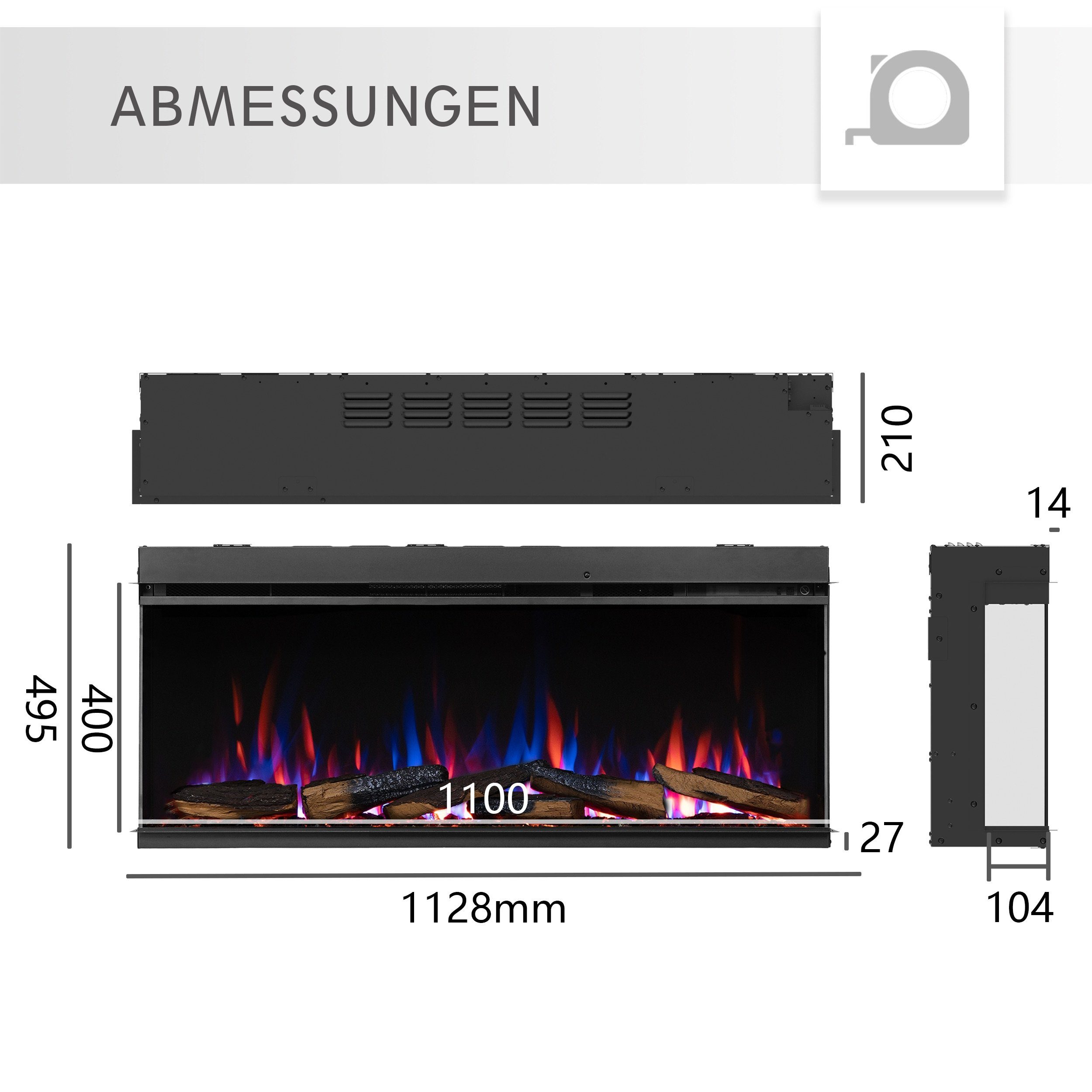 RICHEN Elektrokamin Athena, Elektrischer Einbaukamin mit Heizung 1500W, 3D-Flammen, Fernbedienung