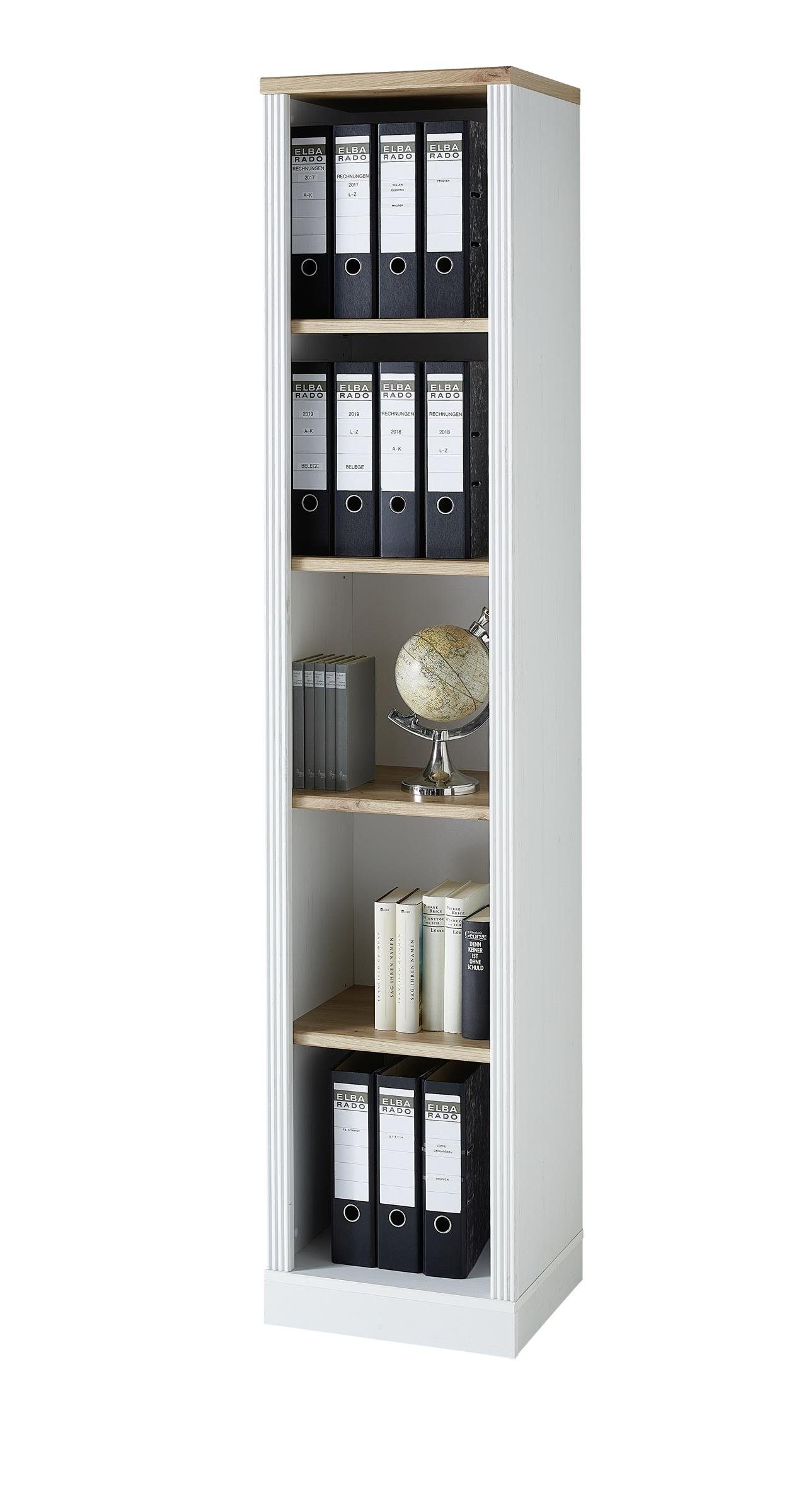 möbelando Aktenregal Jasmin, Aktenregal im modernen Landhausstil aus Spanplatte in Pinie hell Nachbildung, Absetzungen in Artisan Eiche Nachbildung mit 5 offenen Fächern. Breite 43 cm, Höhe 204 cm, Tiefe 38 cm