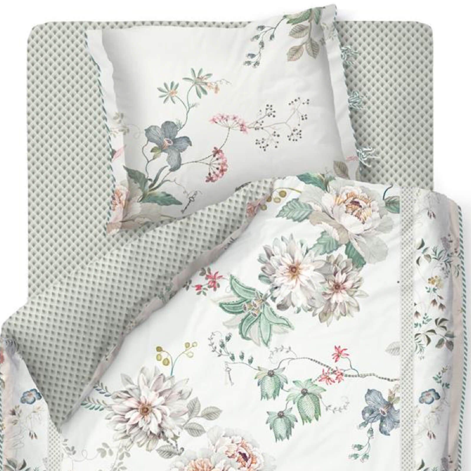 Bettwäsche Tokyo Bouquet Weiß, PiP Studio, Perkal, 2 teilig, Lilien, Dahlien, Punkte, Paspel