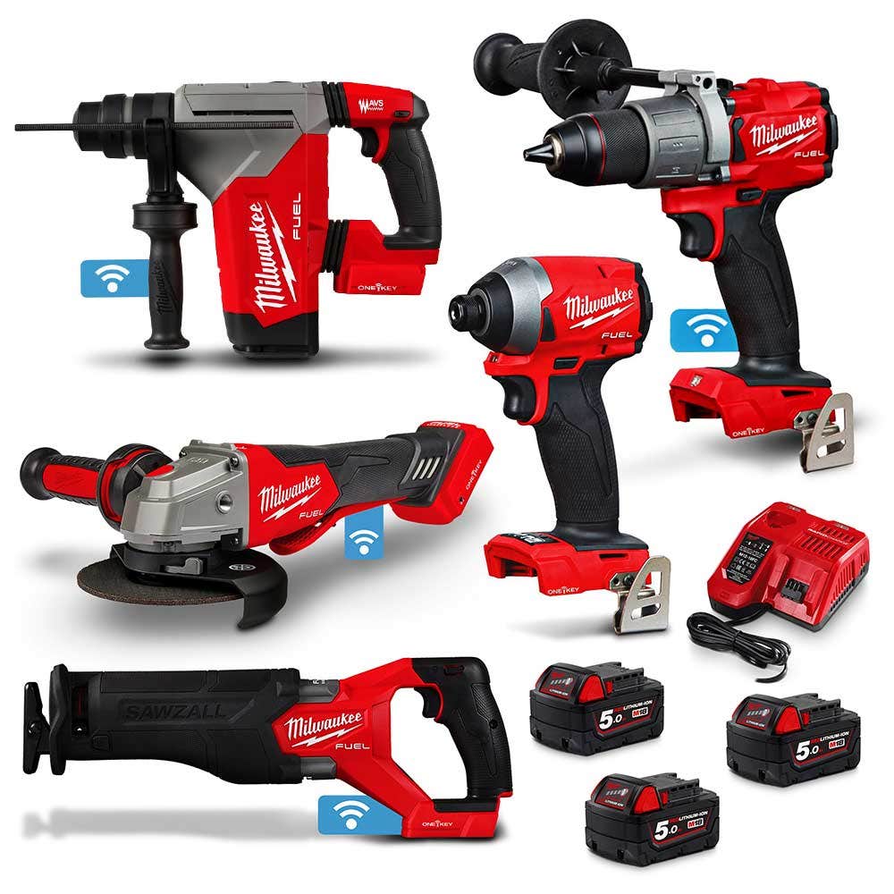 MILWAUKEE 18V FUEL™ ONE-KEY™ Brushless 5 Piece 3 x 5.0Ah Combo Kit M18ONEPP5B2503B