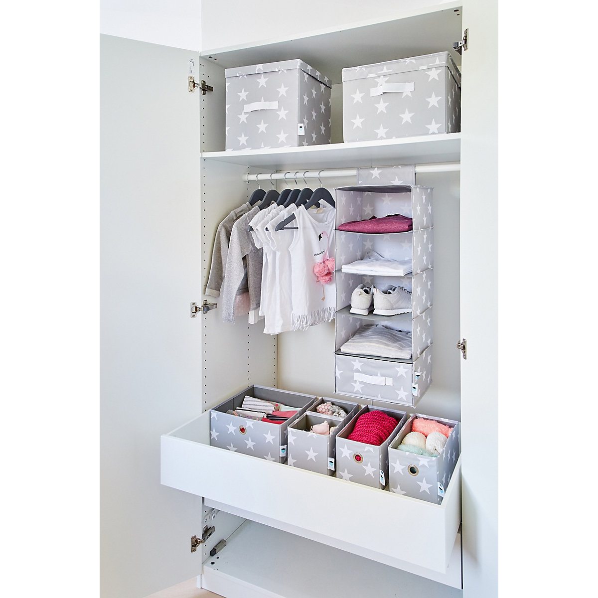 Aufbewahrungsorganizer Set, 5 tlg., Sterne hellgrau