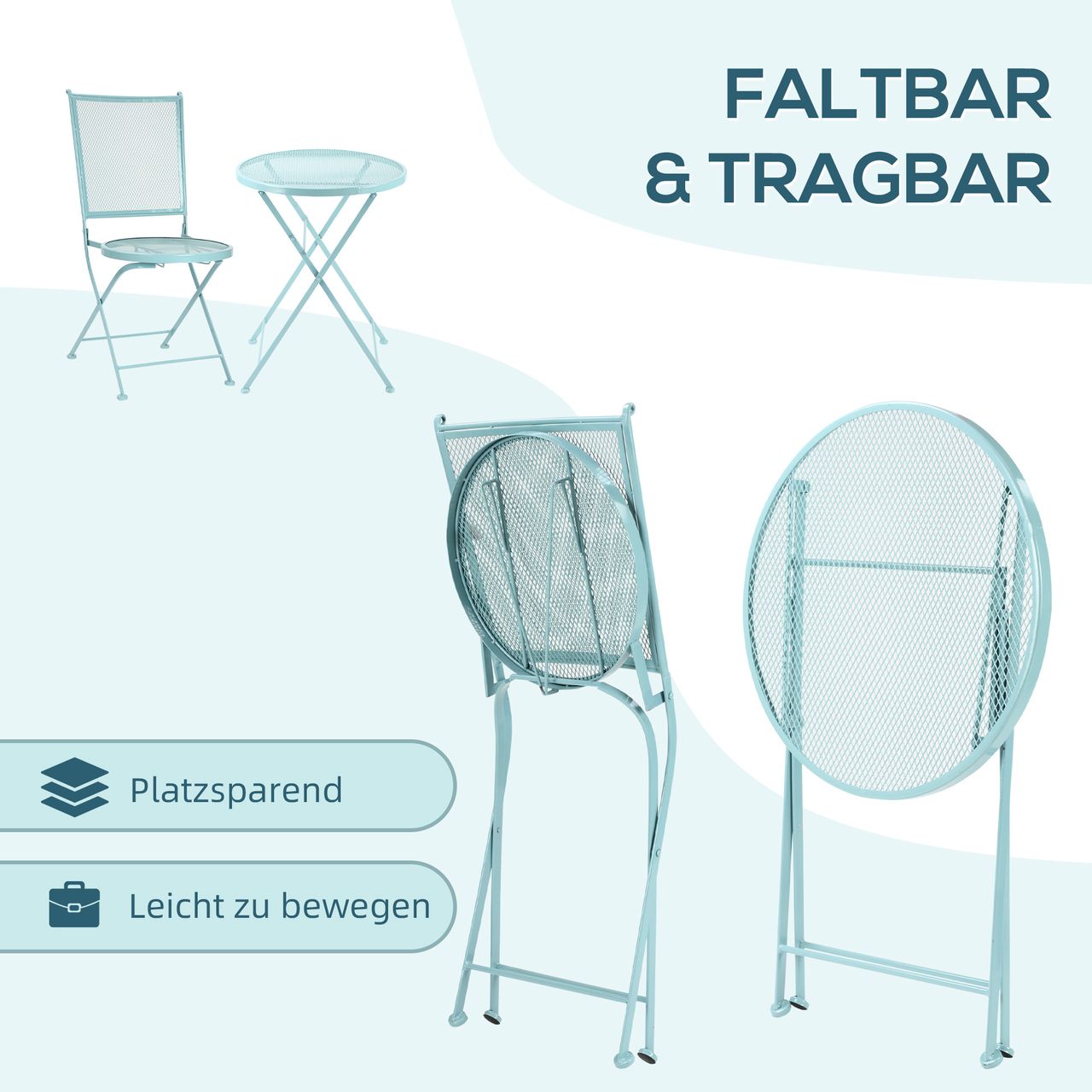 Outsunny Garten Sitzgruppe 3-teiliges Bistro-Set Garnitur 1 Tisch 2 faltbare Stühle für Terrasse Balkon Metall Blau