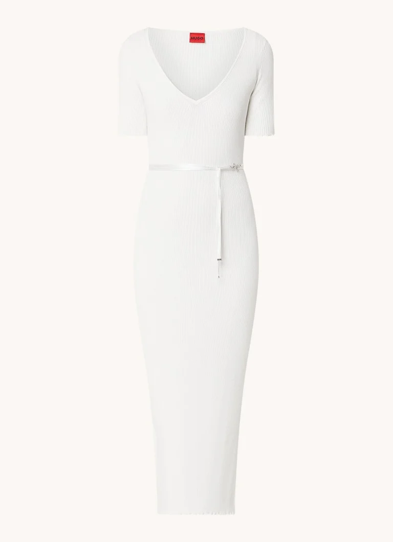 HUGO BOSS Simbly ribbed midi dress with belt and slit