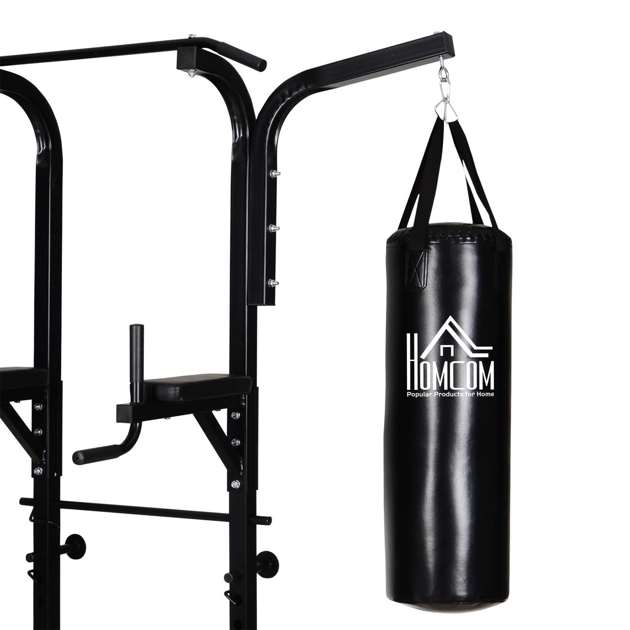 HOMCOM Kraftstation mit Klimmzugstange, Multifunktionale Dip-Station, Trainings-Gerät für Zuhause, mit Boxsack, Fitness, Stahl, Schwarz, 180 x 183 x 219 cm