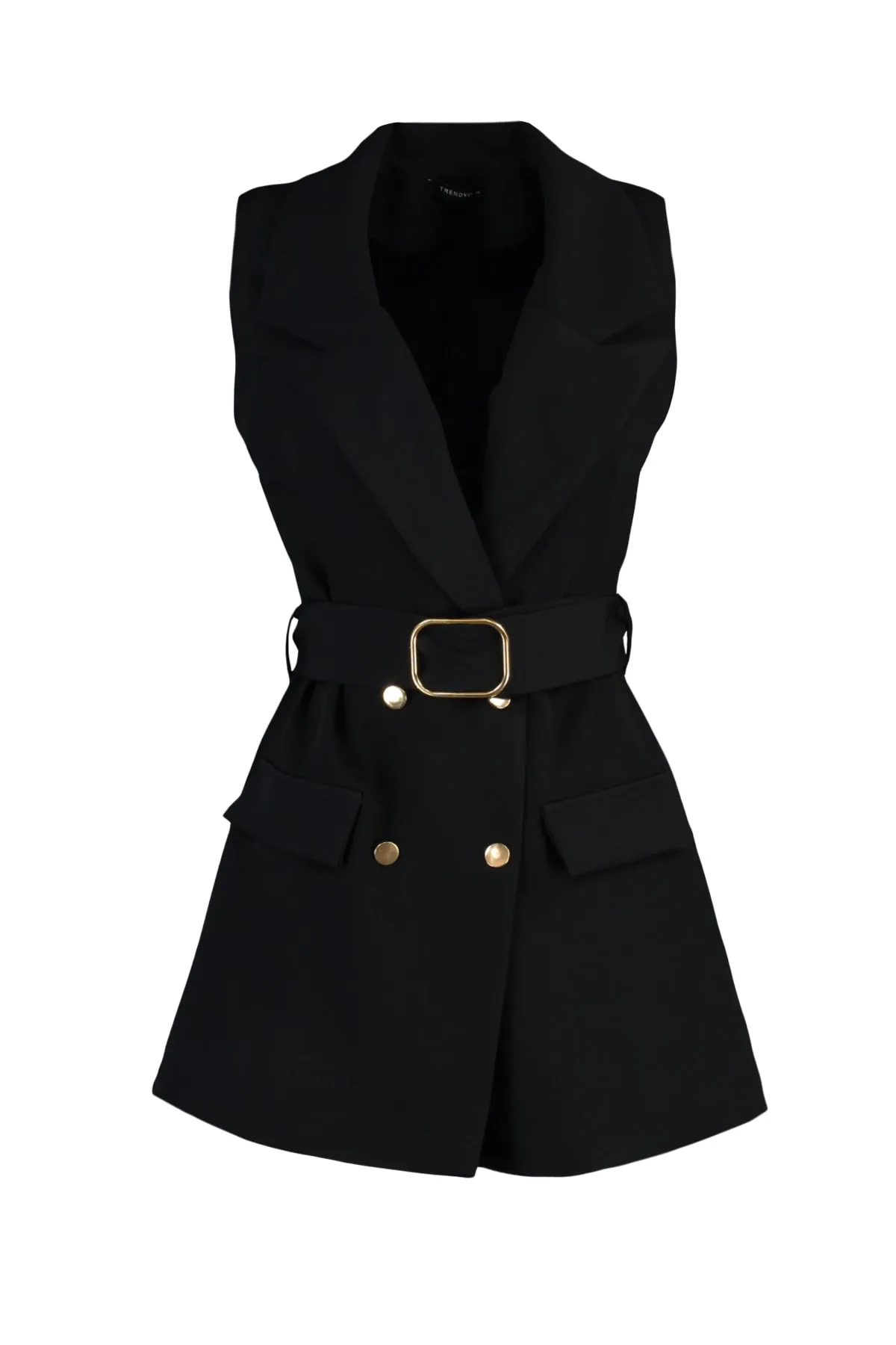 Trendyol Modest  Schwarze gewebte Weste mit Jackenkragen und Taillengürtel TCTAW23YL00014