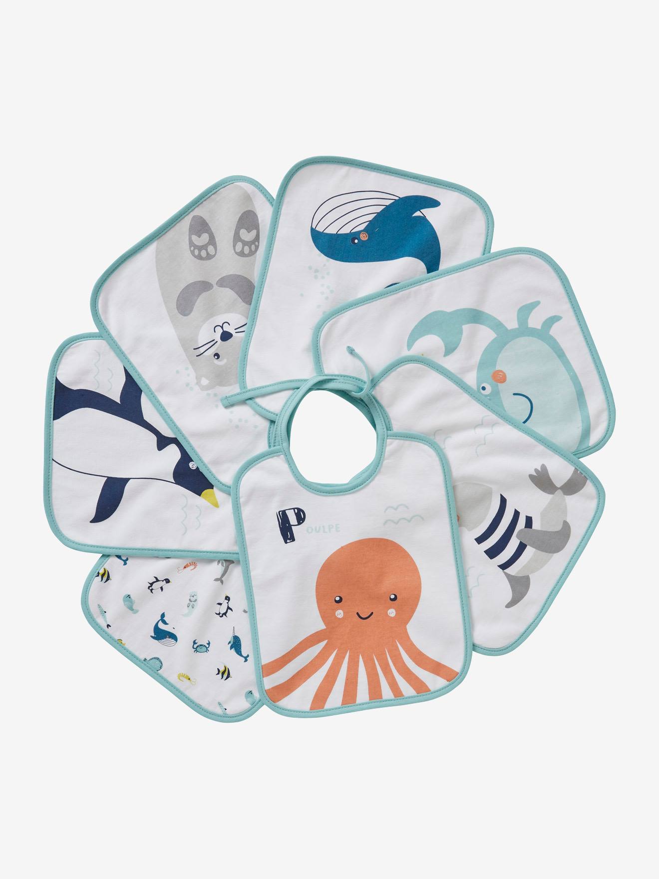 Lot de 7 bavoirs bébé imprimés fond blanc