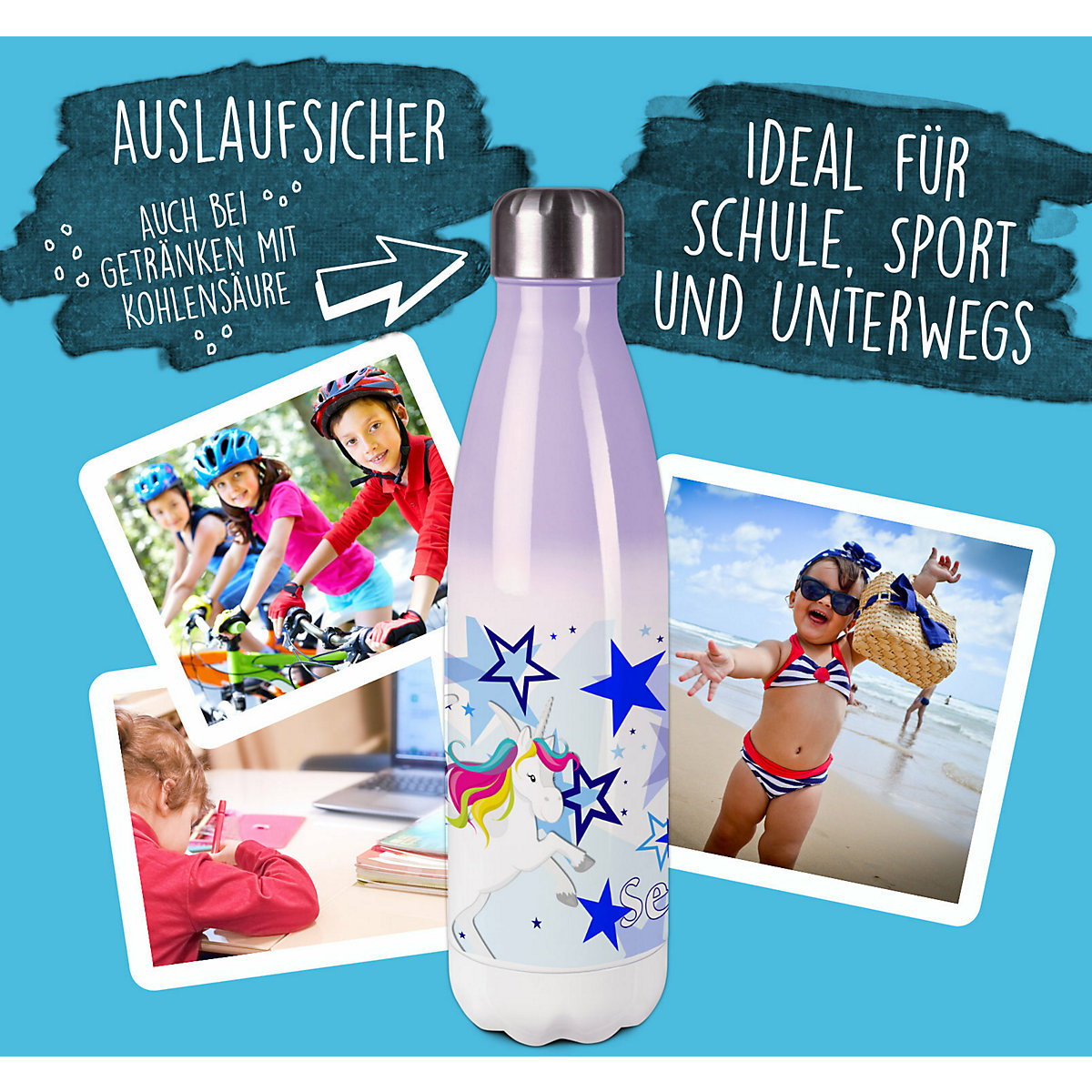 Edelstahl Kinder Thermoflasche / Trinkflasche bunt Pegasus Sterne Farbe blau Spülmaschinenfest, Auslaufsicher, Bruchfest, Doppelwandig, Für Heißgetränke geeignet, Mit Deckel, Isoliert