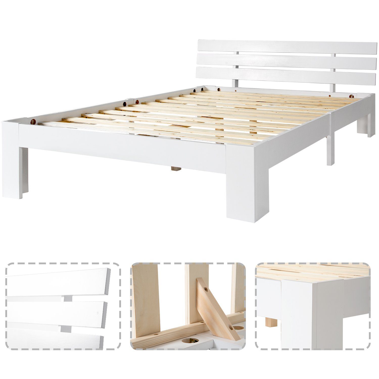 WISHDOR Holzbett Doppelbett Holz Bett Kinderbett Jugendbett Massivholzbett 140x200 cm (ohne Matratze Massivholzbett Bettgestell mit Lattenrosten mit Kopfteil), FSC Massiv Massivholz Kieferbett