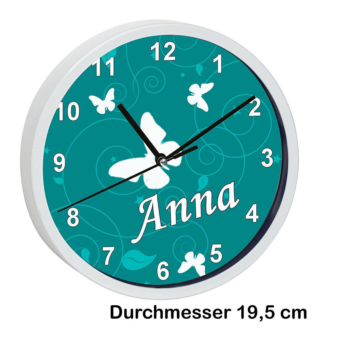 Kinder Wanduhr personalisiert mit Name Schmetterling Petrol