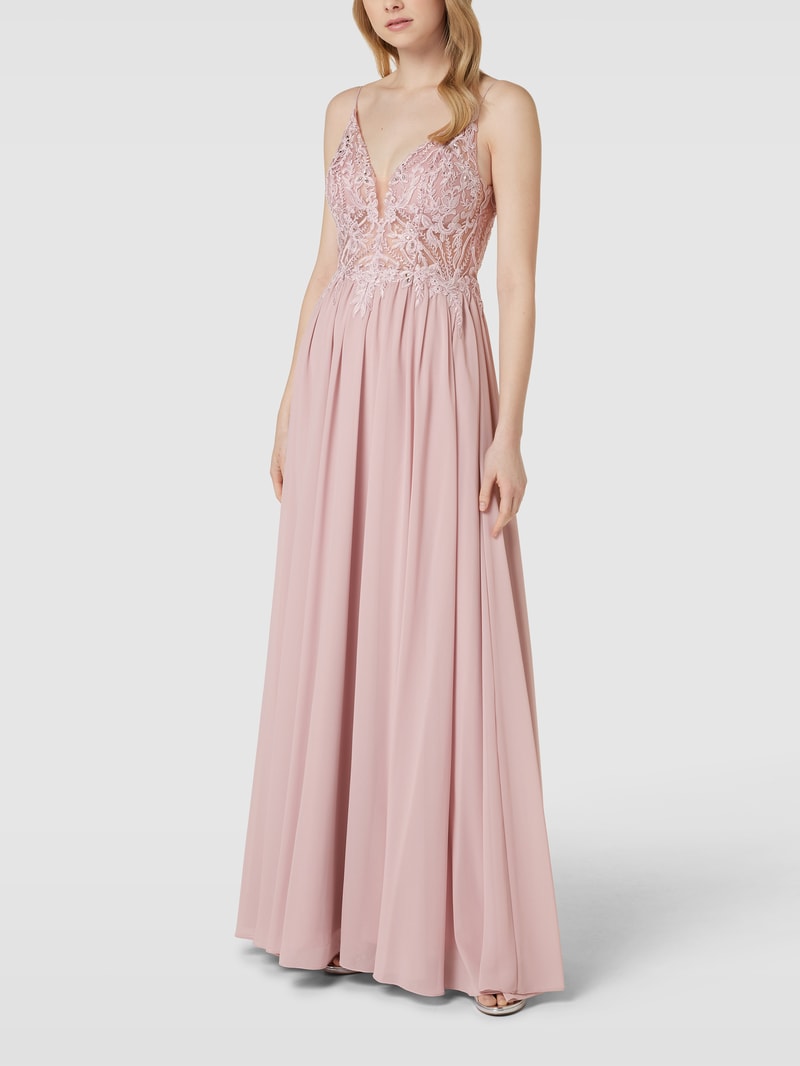 Abendkleid mit floralen Stickereien in rosa