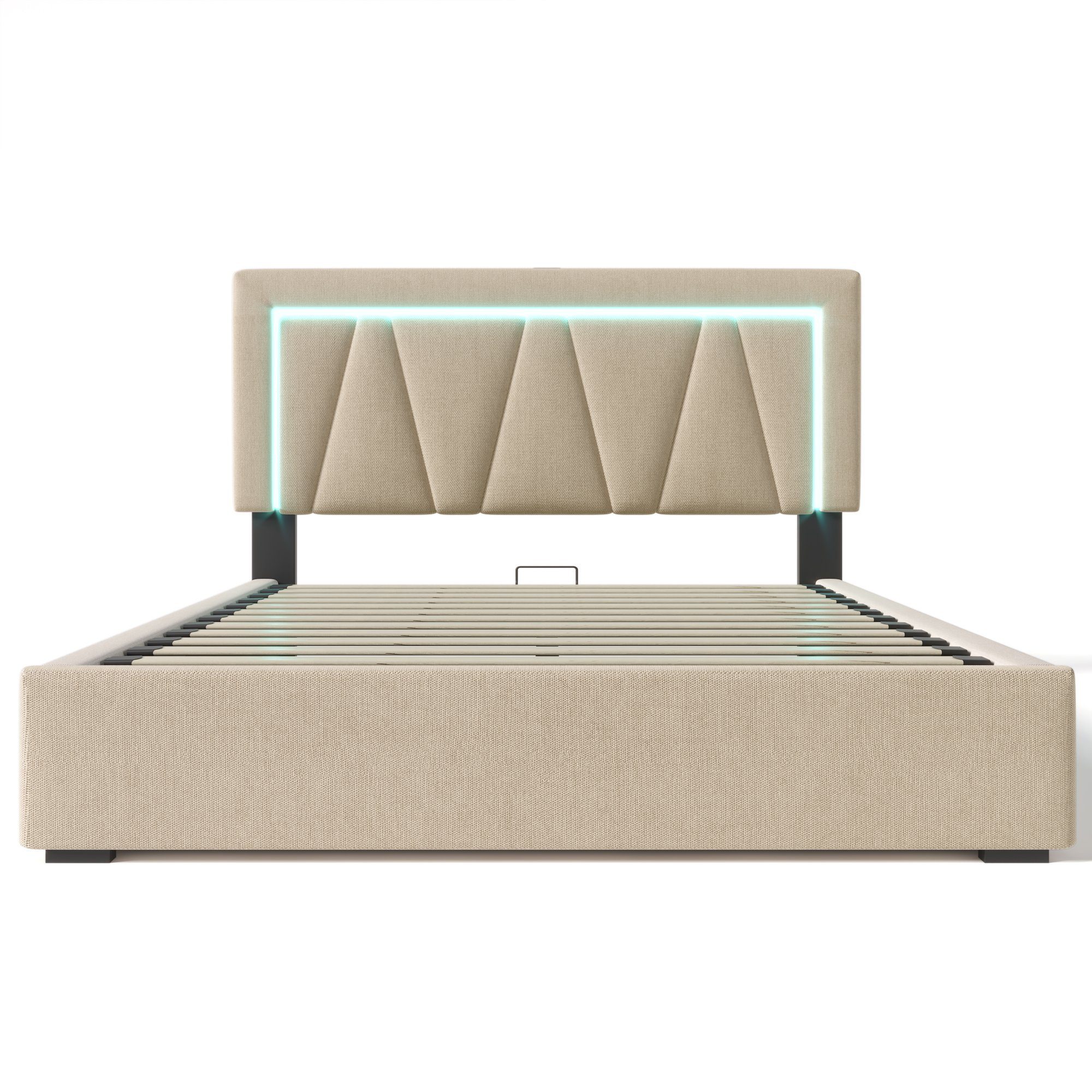Flieks Polsterbett, LED Doppelbett Stauraumbett + USB/Typ-C Ladefunktion 140x200cm Leinen