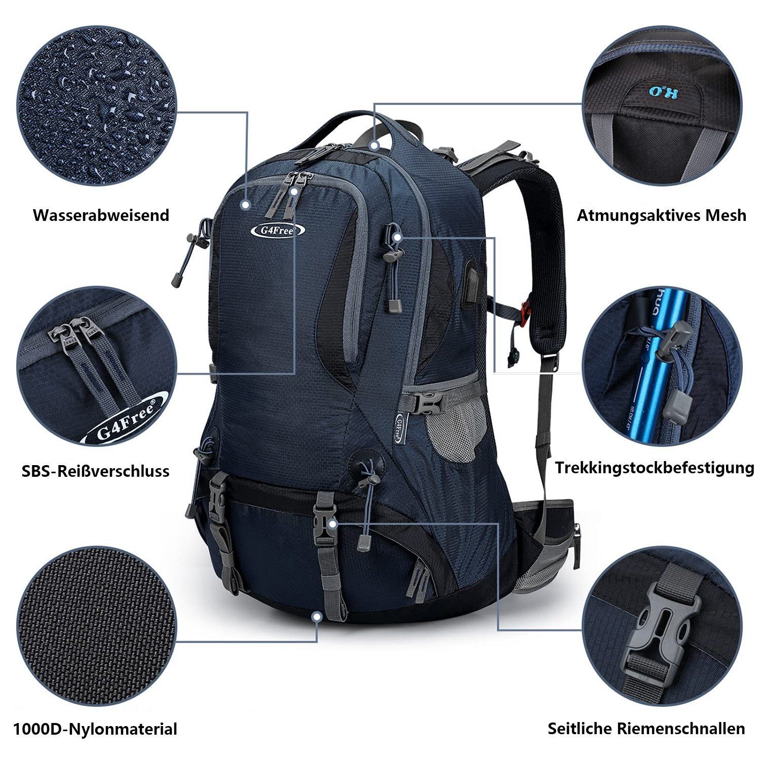 G4Free Trekkingrucksack, 50L Wanderrucksack, Wasserdicht Tagesrucksack