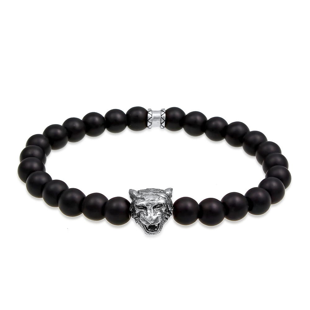 KUZZOI KUZZOI Bracelet Homme Tête de Tigre Onyx Pierres précieuses Noir 925 Argent Bracelet