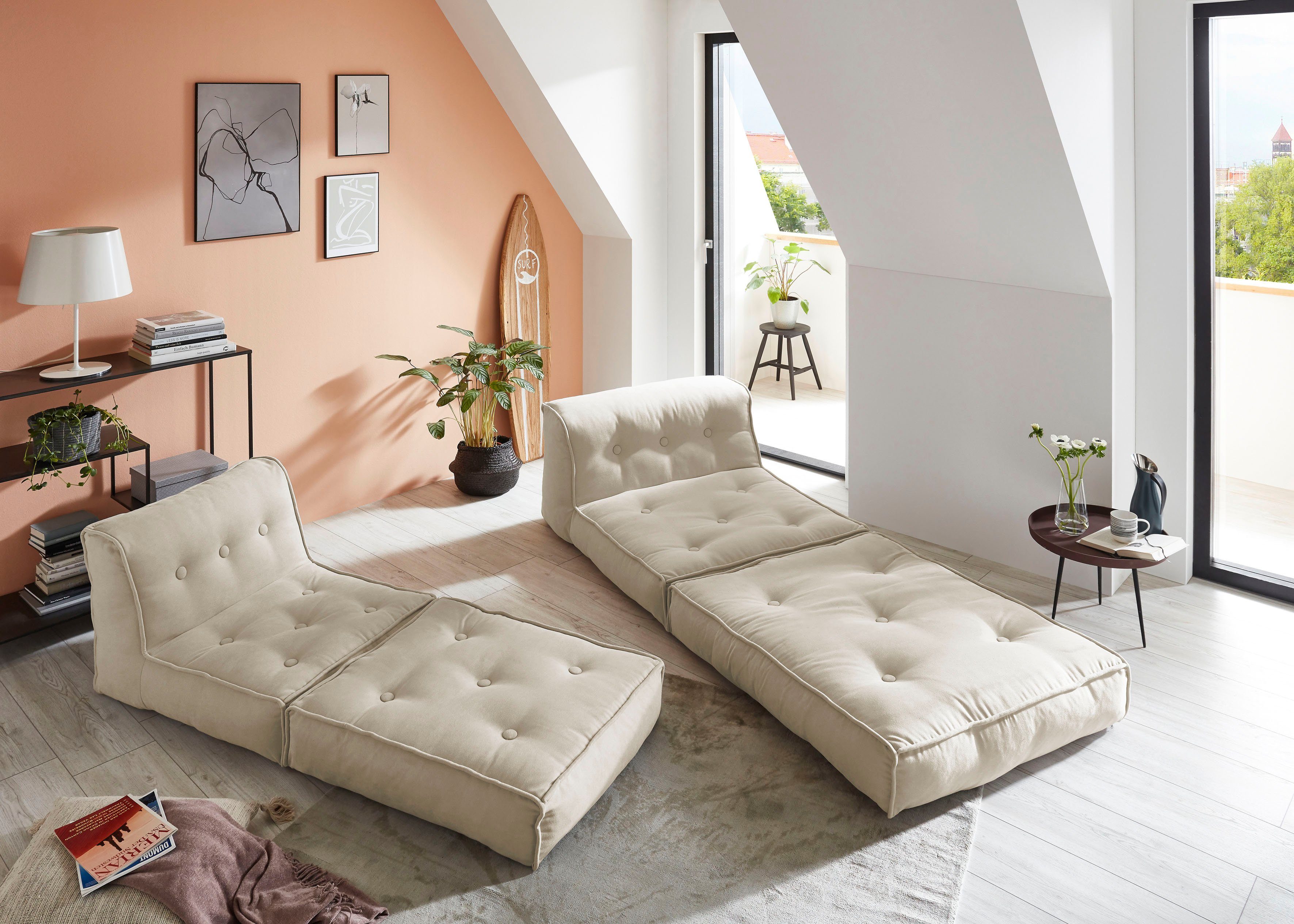 INOSIGN Sessel Pia, Loungesessel in 2 Größen, mit Schlaffunktion und Pouf-Funktion.