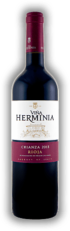 Vina Herminia, Rioja, DOC  85% Tempranillo, 15% Garnacha, Crianza, trocken, 2018, Rioja  Vina Herminia, Rioja, DOC  85% Tempranillo, 15% Garnacha, Crianza, trocken, 2018, Rioja  Perfektes Zusammenspiel von Vanille- und Nussaromen. Jahrgang 2018 - 0,7