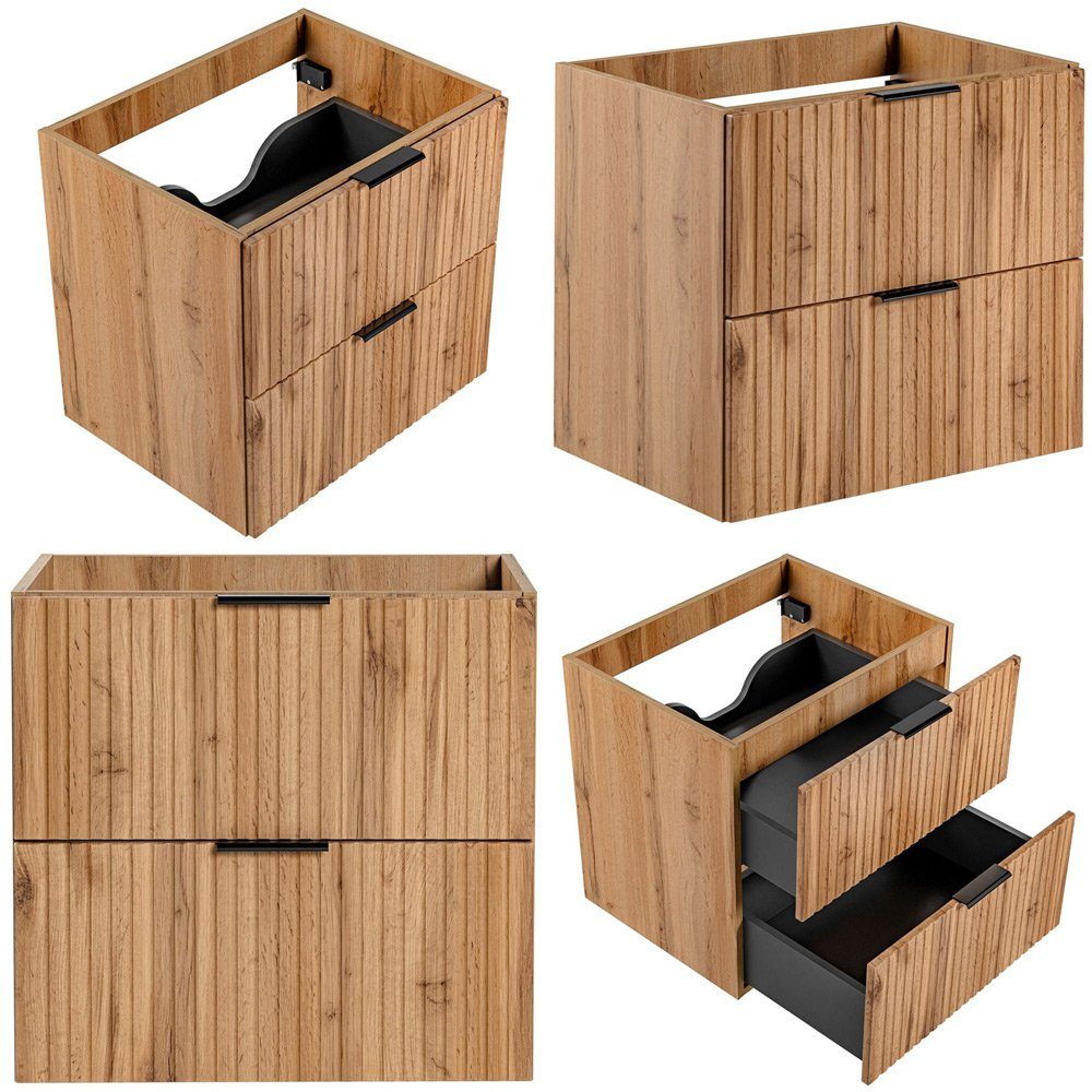 Lomadox Badmöbel-Set ADELAIDE-56, (4-St), Eiche Rillenoptik Spiegel Waschbeckenschrank Waschbecken Hochschränke