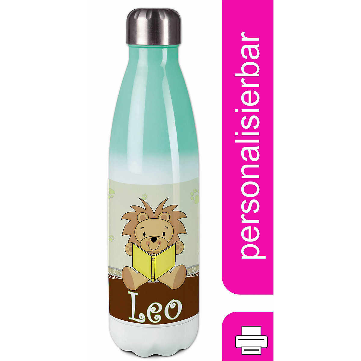Edelstahl Kinder Thermoflasche / Trinkflasche bunt Leselöwe Farbe braun Spülmaschinenfest, Auslaufsicher, Bruchfest, Doppelwandig, Für Heißgetränke geeignet, Mit Deckel, Isoliert