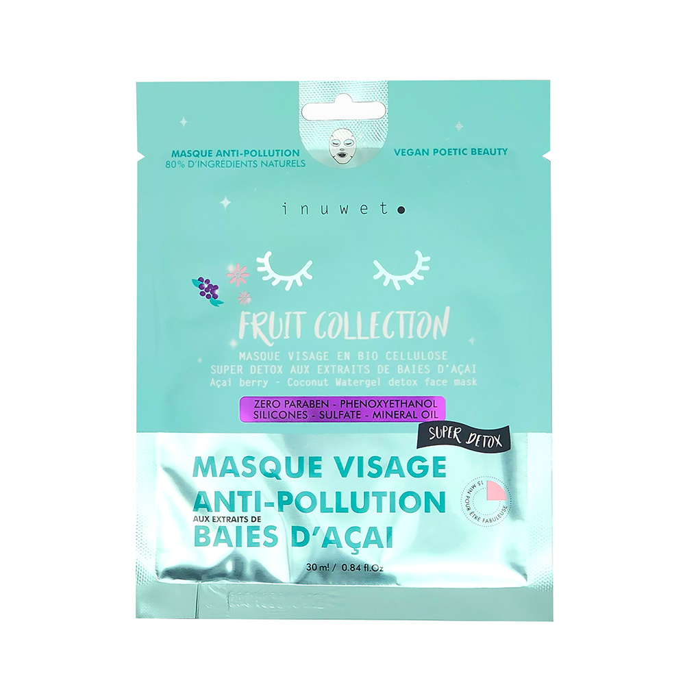 Inuwet MASQUE VISAGE ANTI POLLUTION DETOX - BAIES D'ACAI, BIO CELLULOSE Masque visage