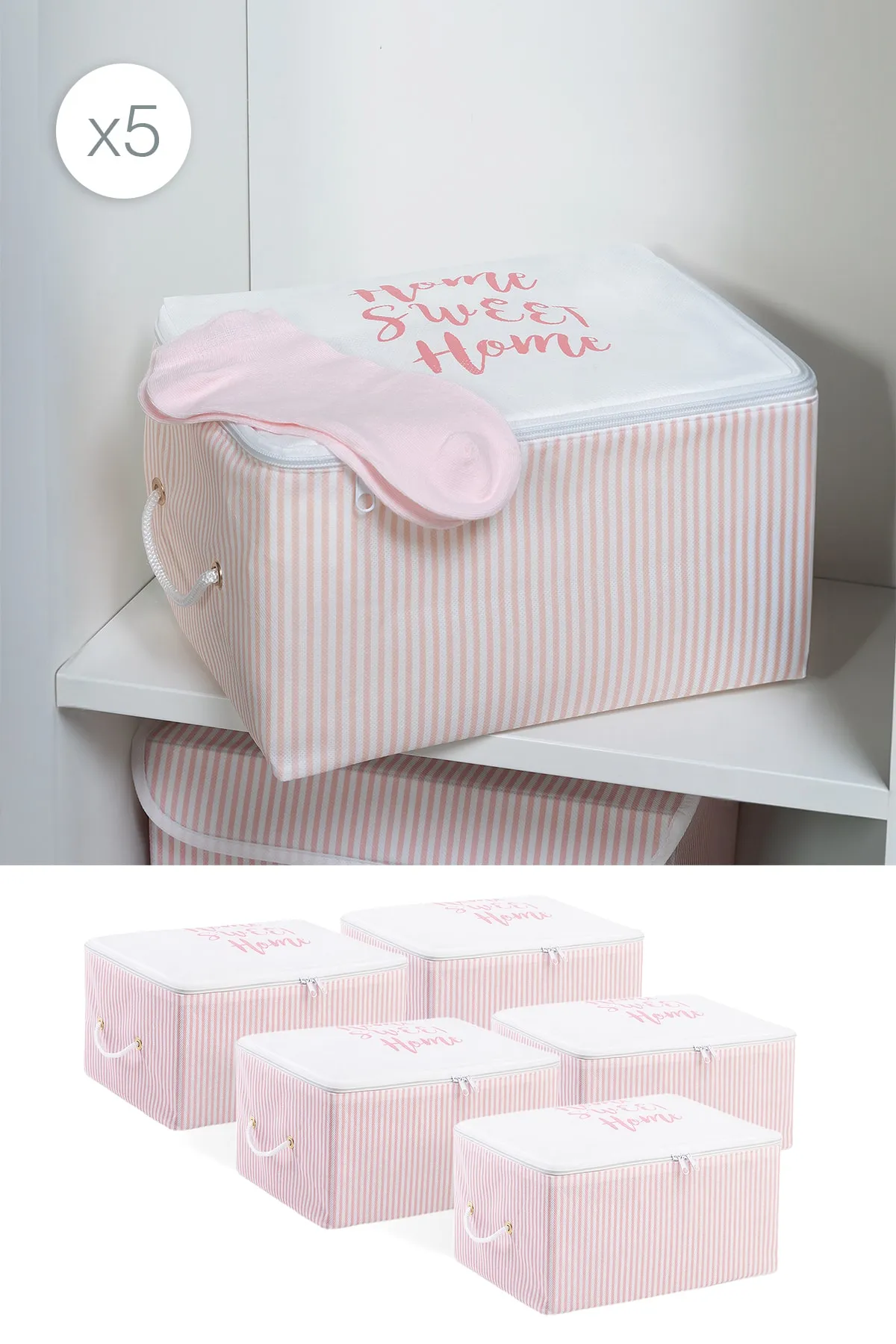 Ocean Home Textile  5 Stück kleine, rosa gestreifte Bettgestelle, Koffer-Organizer, Aufbewahrungstasche, 30 x 22 x 18