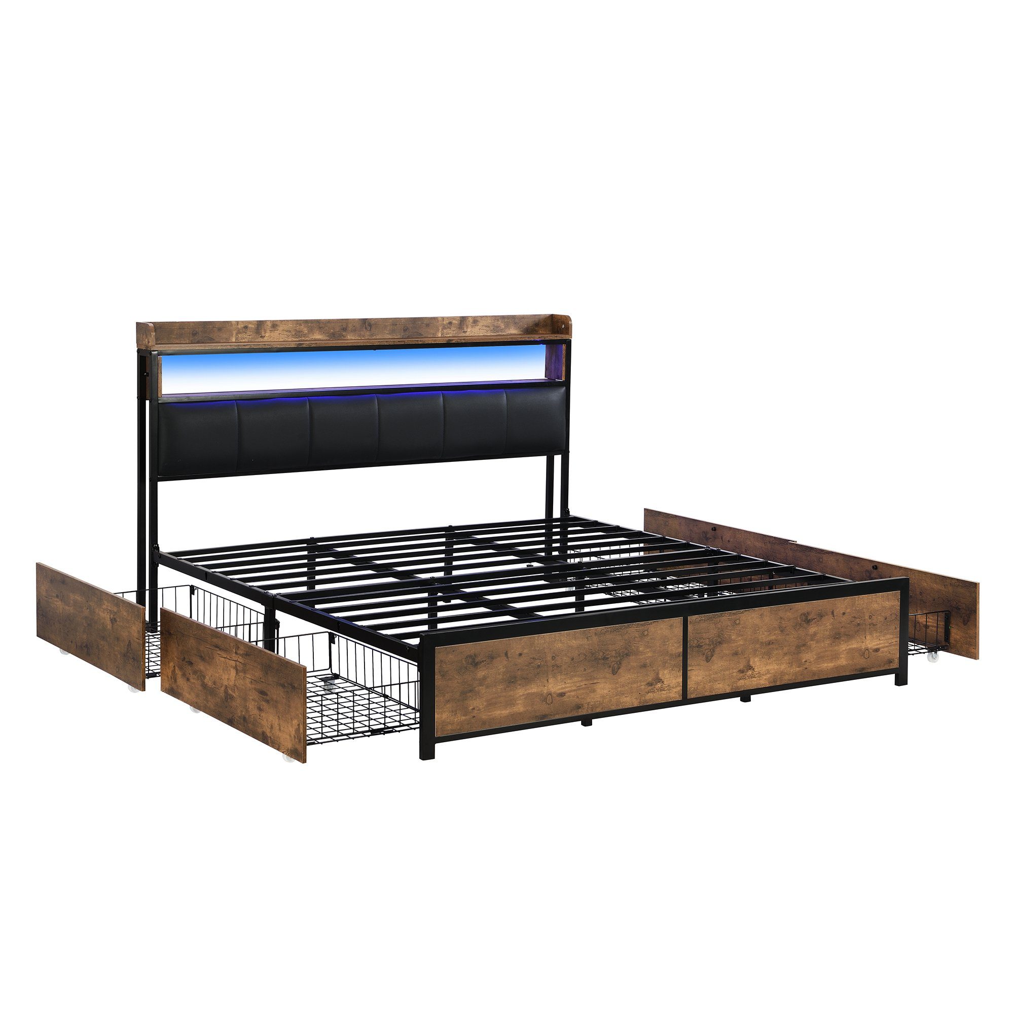 OKWISH Holzbett Polsterbett Jugendbett (160x200 cm Ohne Matratze, LED-Bett, Jugendbett, mit 4 Schubladen)