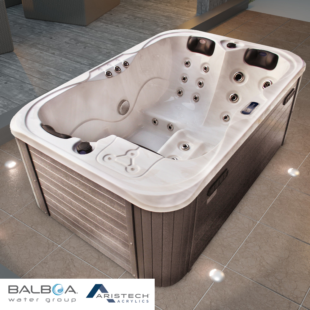 TroniTechnik Outdoor Whirlpool Spa TINO Weiß Silber Marmoriert 195cm x 127cm mit Heizung, Hydromassage, zwei Pumpen, isoliert