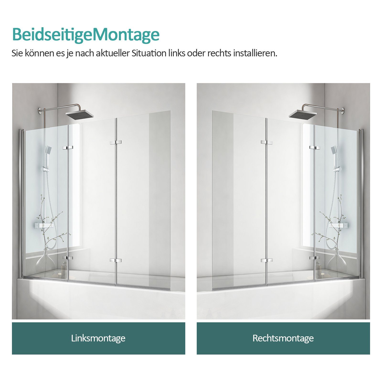 EMKE Badewannenaufsatz Duschwand für Badewanne Badewannenfaltwand 3-teilig faltbar 180°, mit NANO einfach-Reinigung Beschichtung Faltwand 6mm Sicherheitsglas