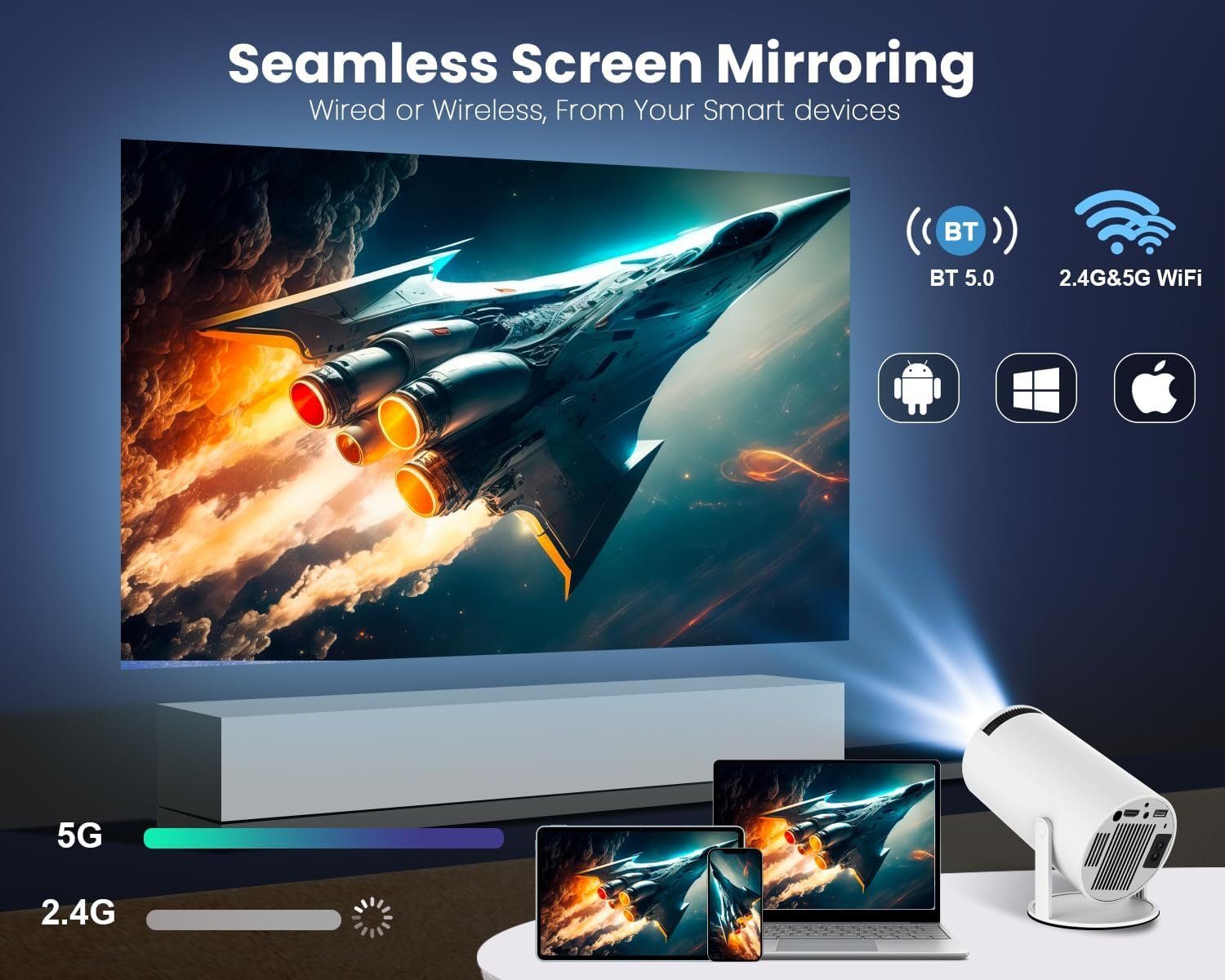 Magcubic unterstützt 4K 180° Dreh Projector mit 2.4/5G WiFi BT5.0 Portabler Projektor (200 lm, 10000:1, 3840 x 2160 px, Automatischer Keystone-Korrektur Heimkino Portabler mit 130''Display)