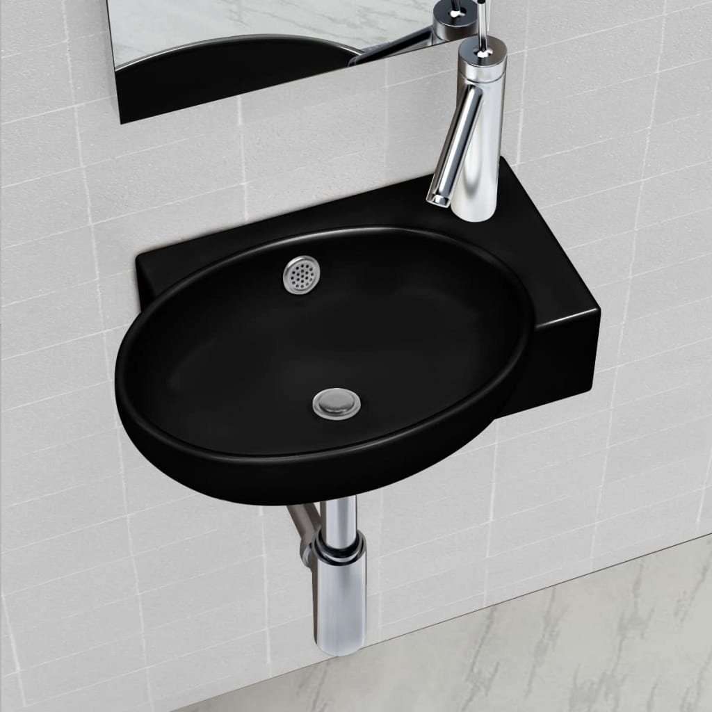 vidaXL Waschbecken Keramik Waschbecken mit Hahn/Überlaufloch Schwarz Rund