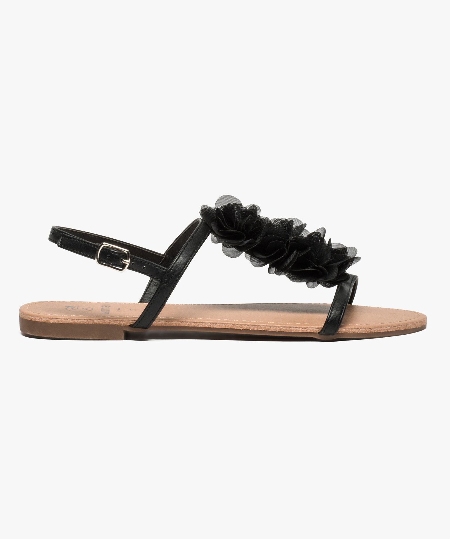 Sandales femme à talon plat ornées de fleurs en tissu noir | GEMO