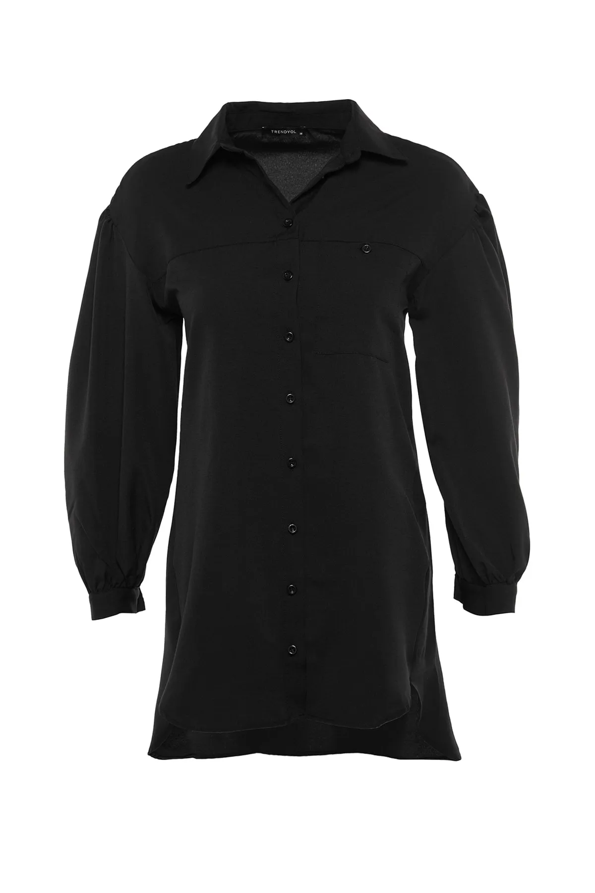 Trendyol Modest  Schwarzes Basic-Gewebehemd mit Ballonärmeln und langer Gesäßtasche TCTSS21GO0976