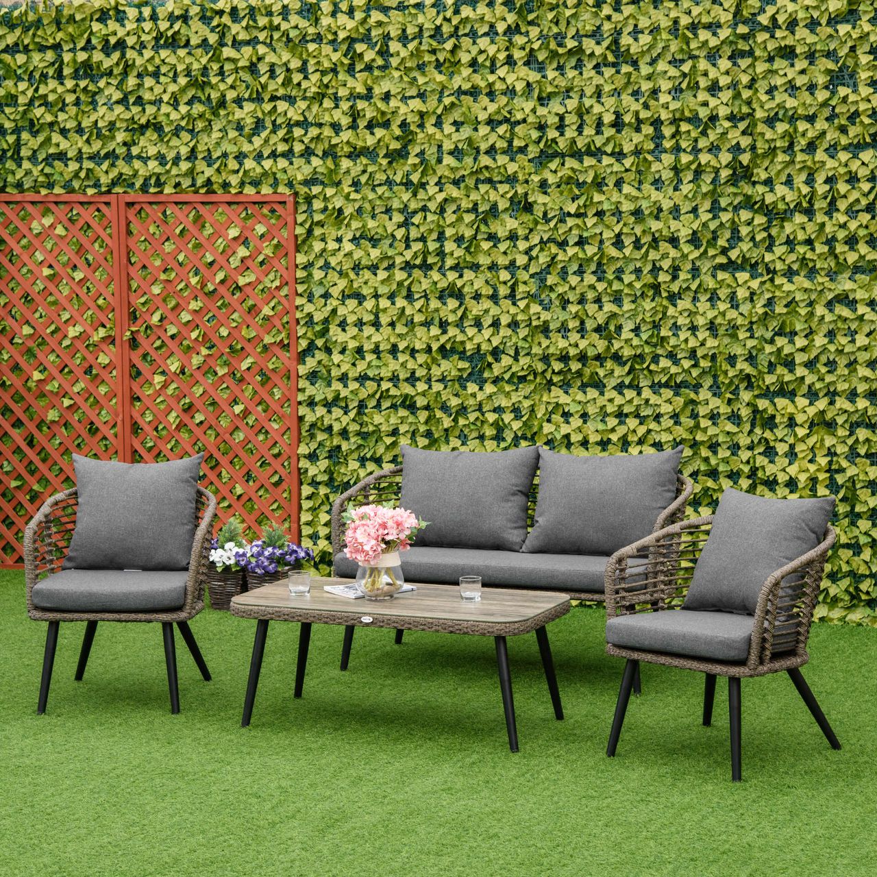 Outsunny Polyrattan Gartenmöbel Set 4-teiliges Rattensofa-Set Sitzgruppe Sitzgarnitur für Pause Lounge Teetisch mit Sofa Kissen Stahl Braun Grau